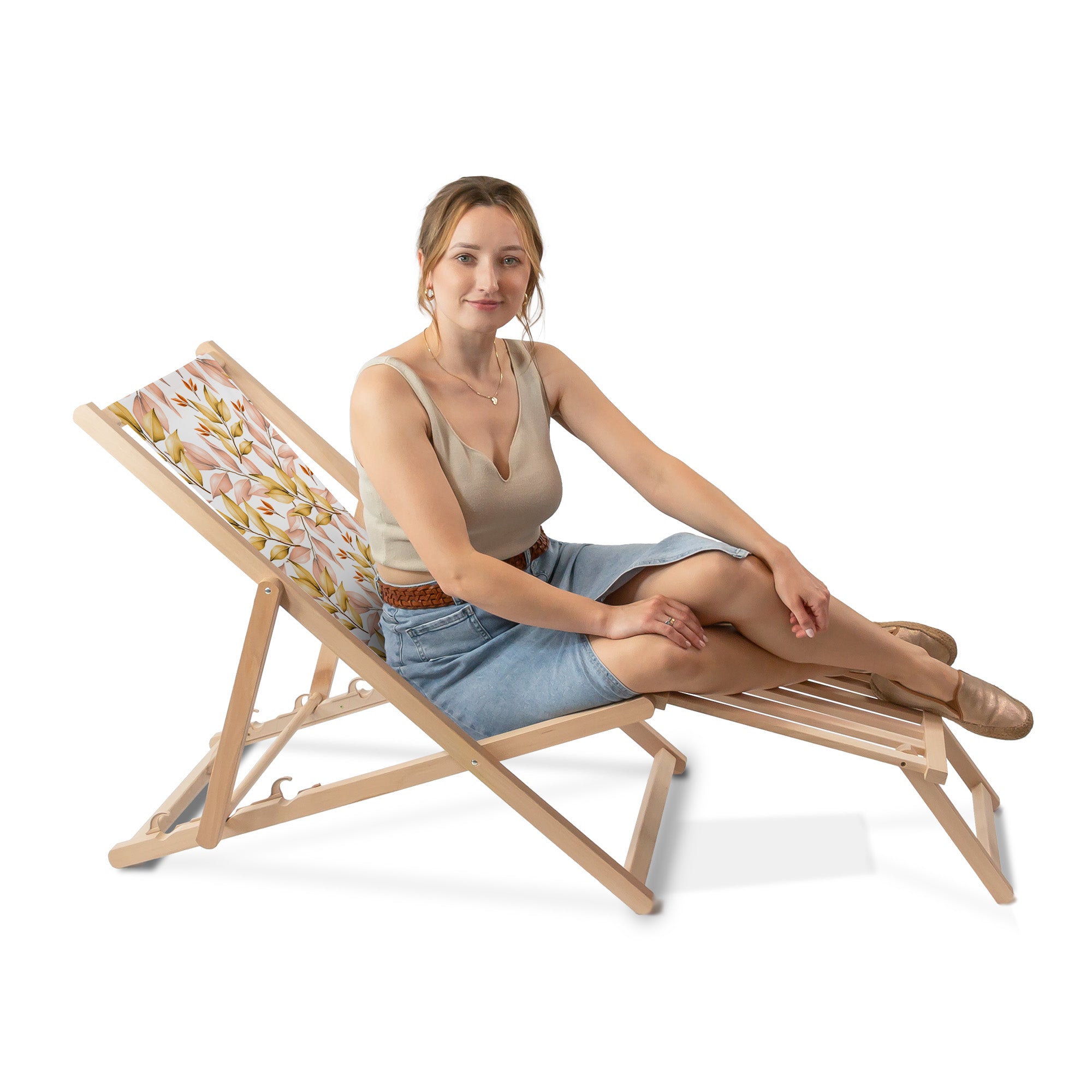 Wooden deck chair with wooden footrest Autumn Gold Leaves