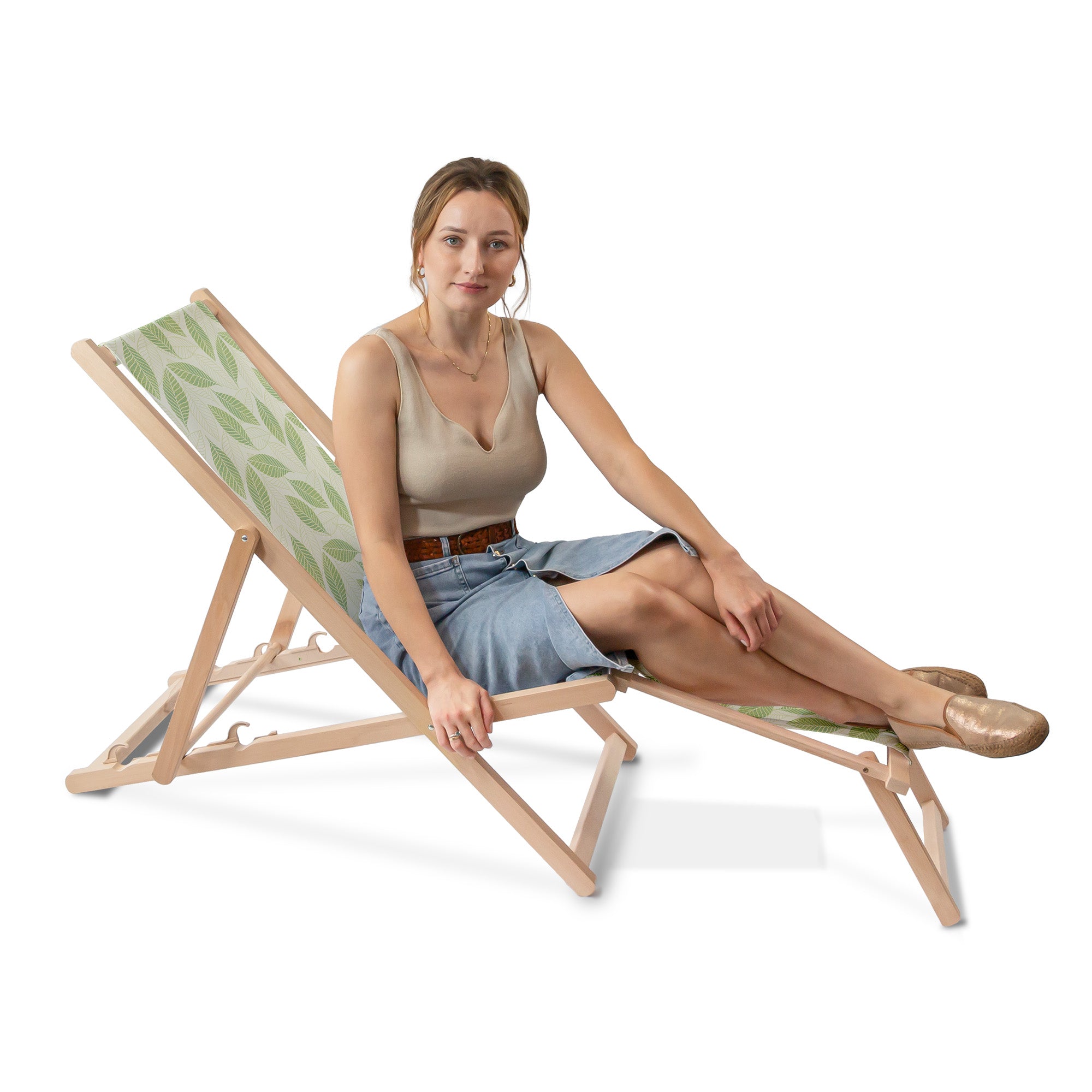 Wooden deck chair with footrest Light Green Leaves