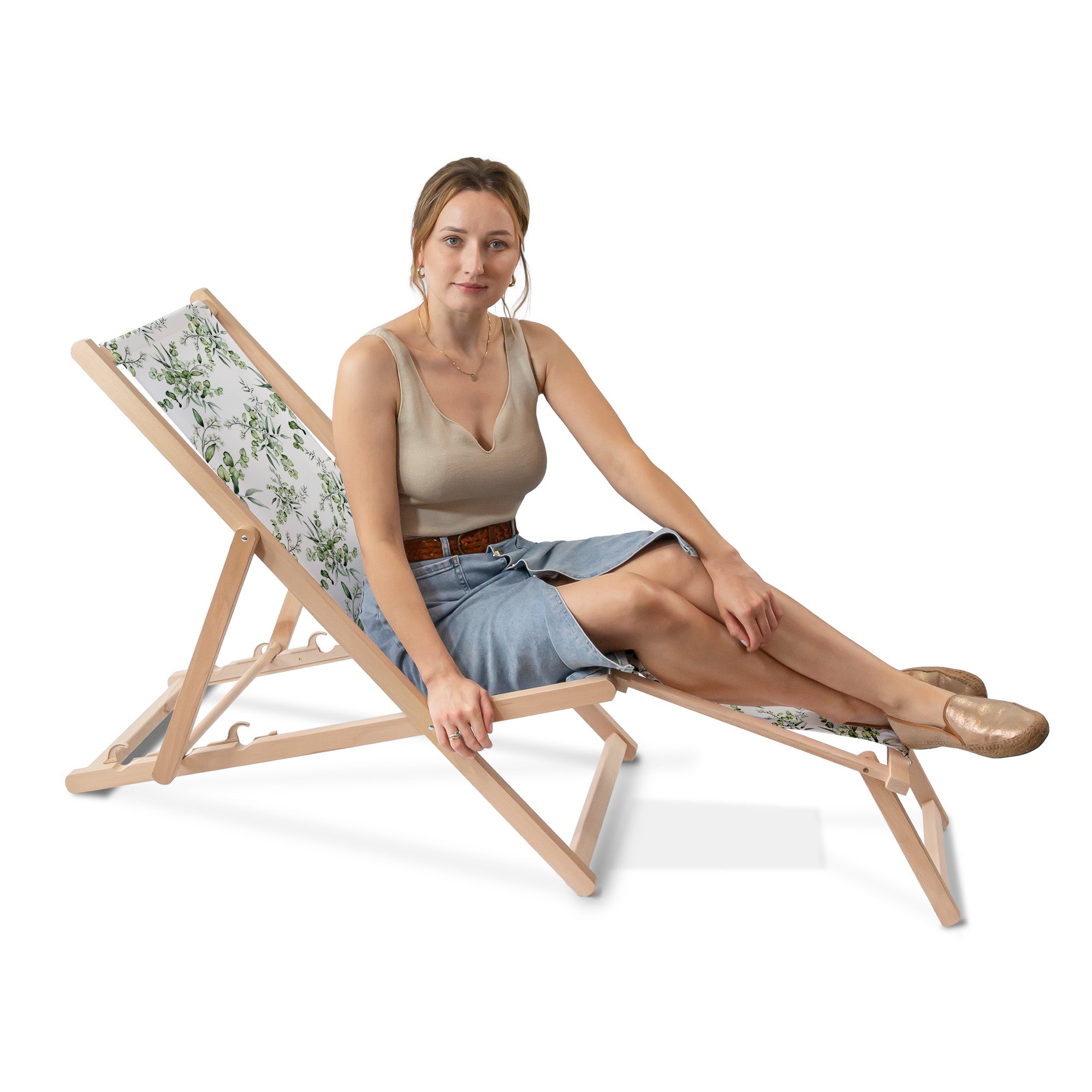 Holzliegestuhl mit Fußhocker Eukalyptusblätter