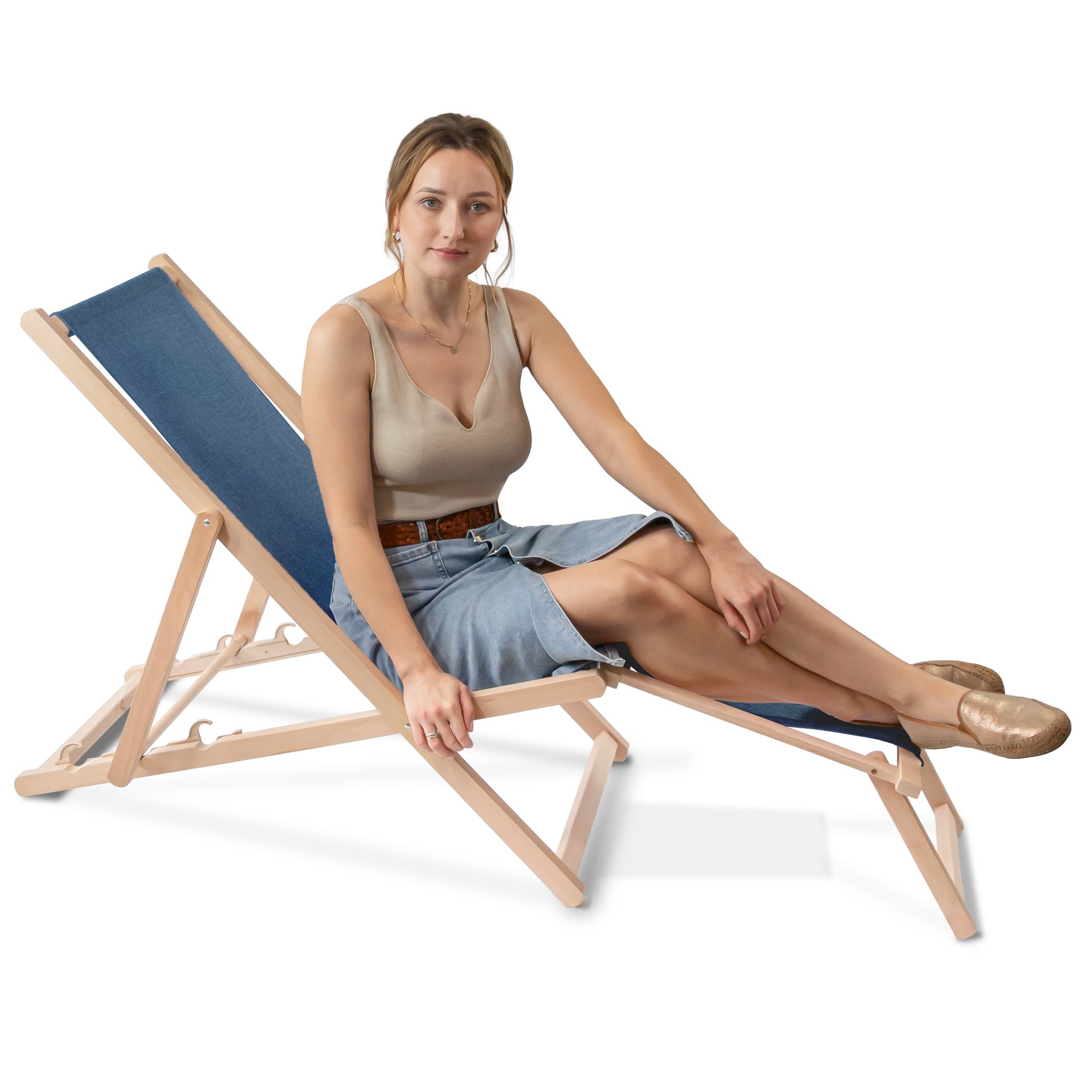 Holzliege mit Fußstütze Leinenoptik Denim Dream