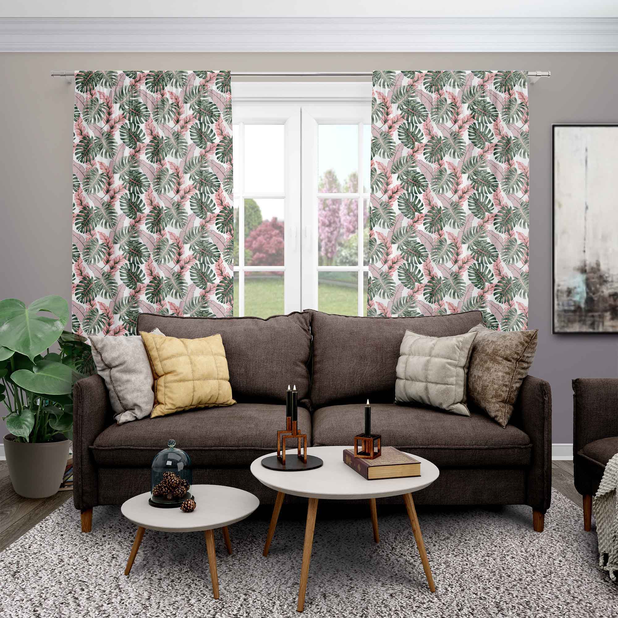 Tropical Pink and Green Leaves-Tablecloth Fabric