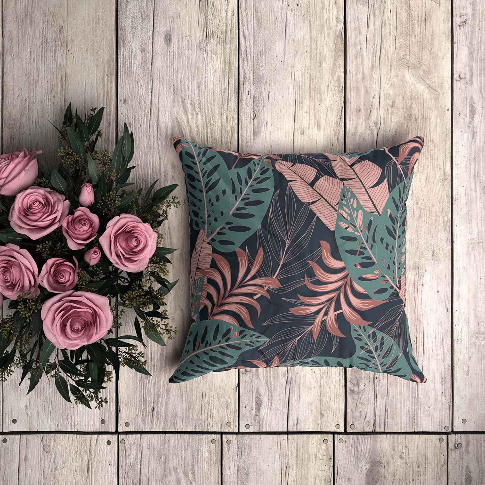 Tropical Dark Pink and Green Leaves-Tkanina Obrusowa