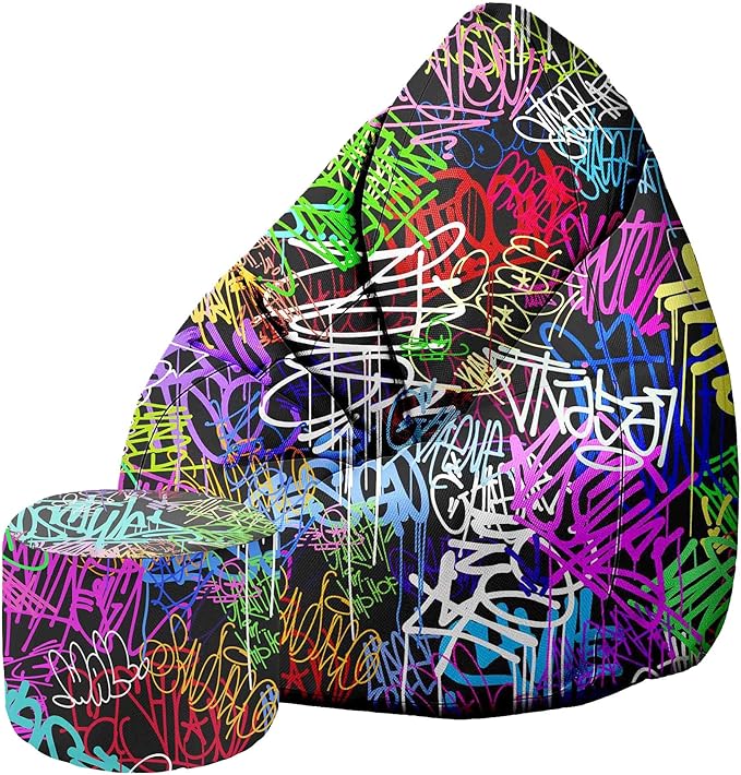 Birnenförmiger Sitzsack mit Fußstütze Graffiti