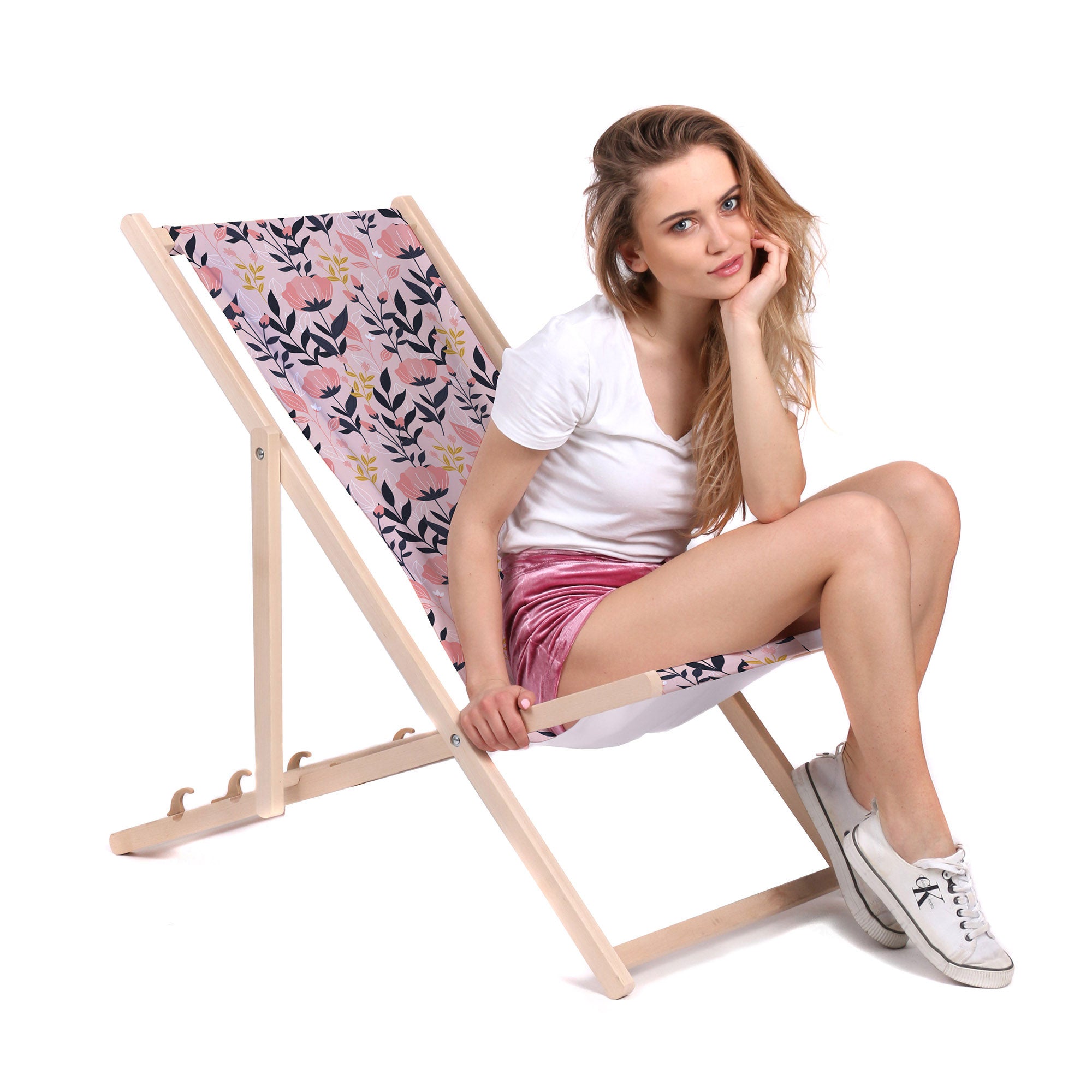 Leżak drewniany Pink and Navy Flowers-M