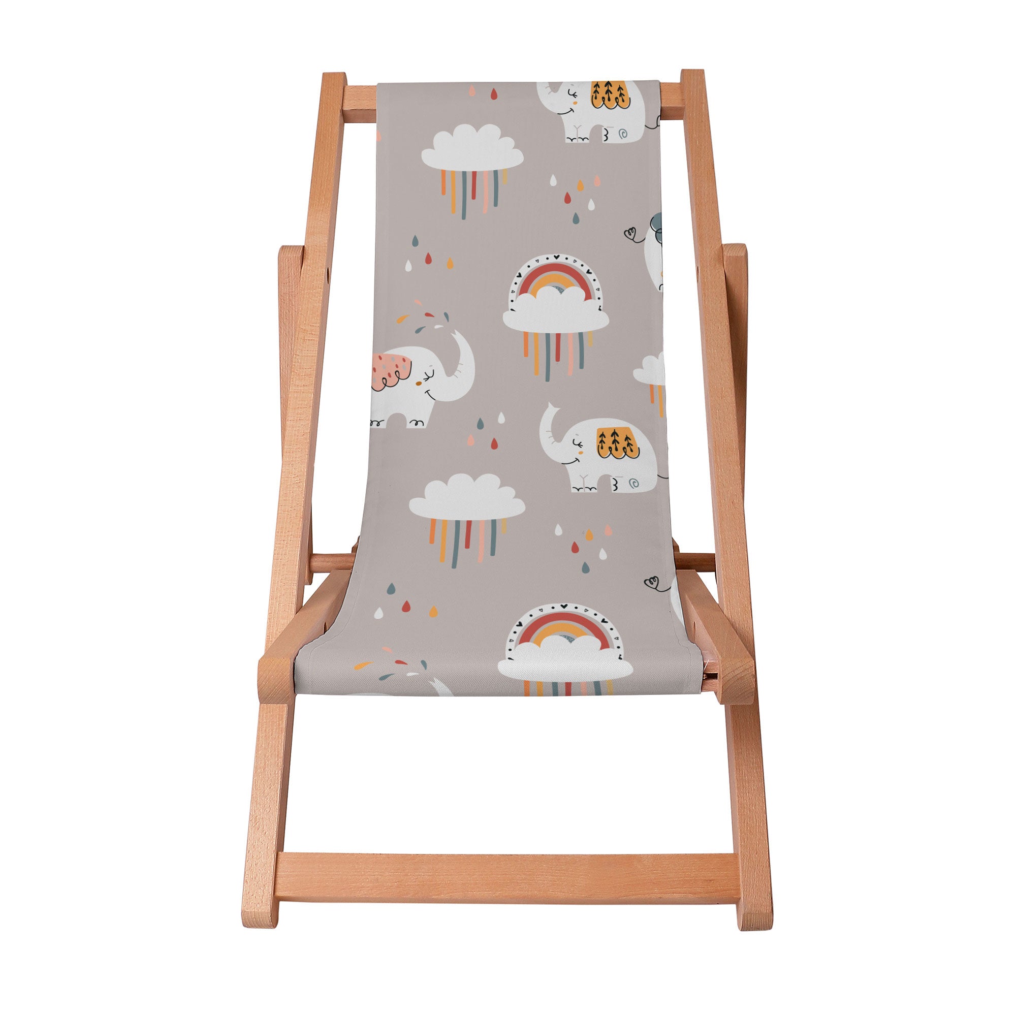 Wooden Deck Chair Elephant and Rainbow Clouds
