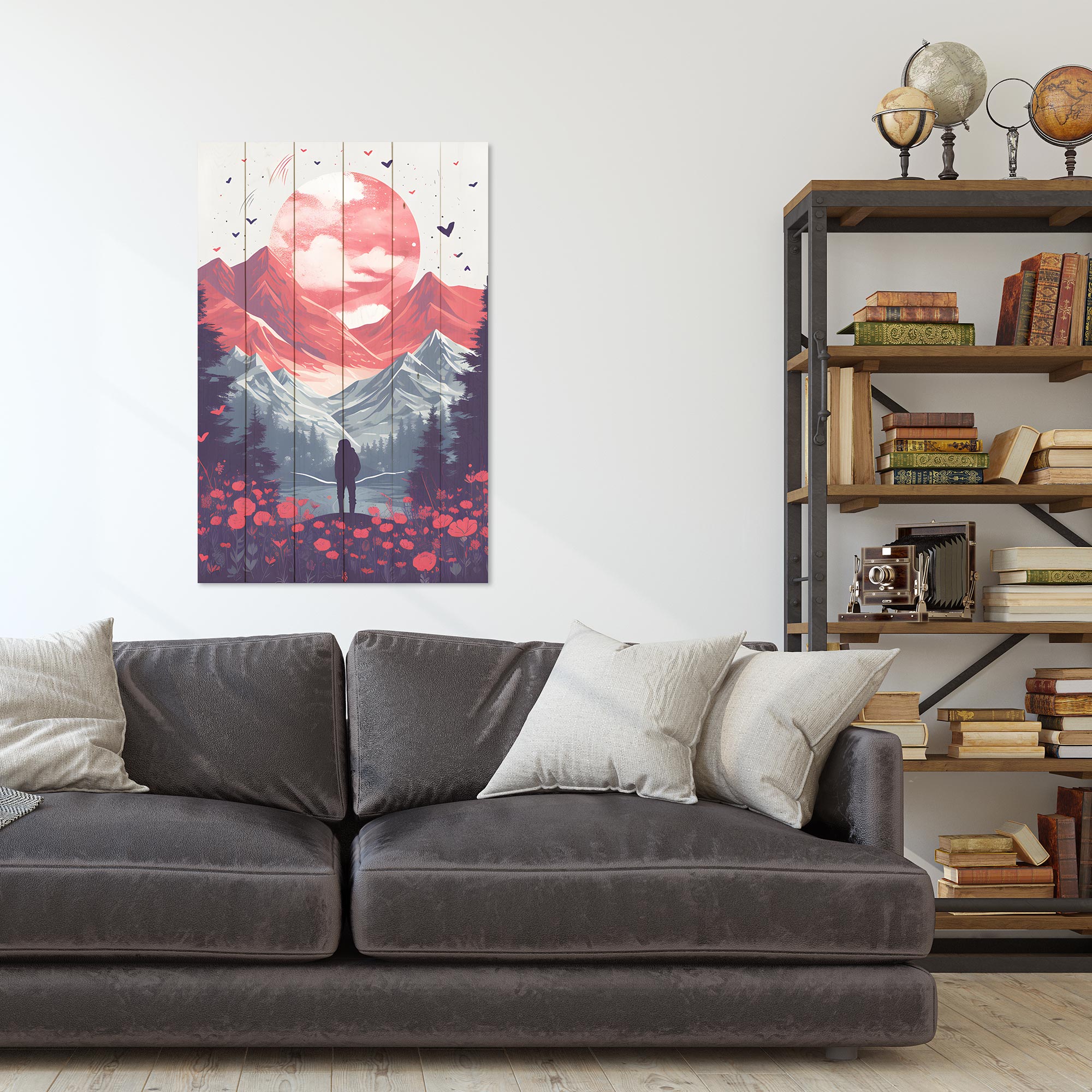 Obraz Wood Pink Moon over Mountains-30x40 cm