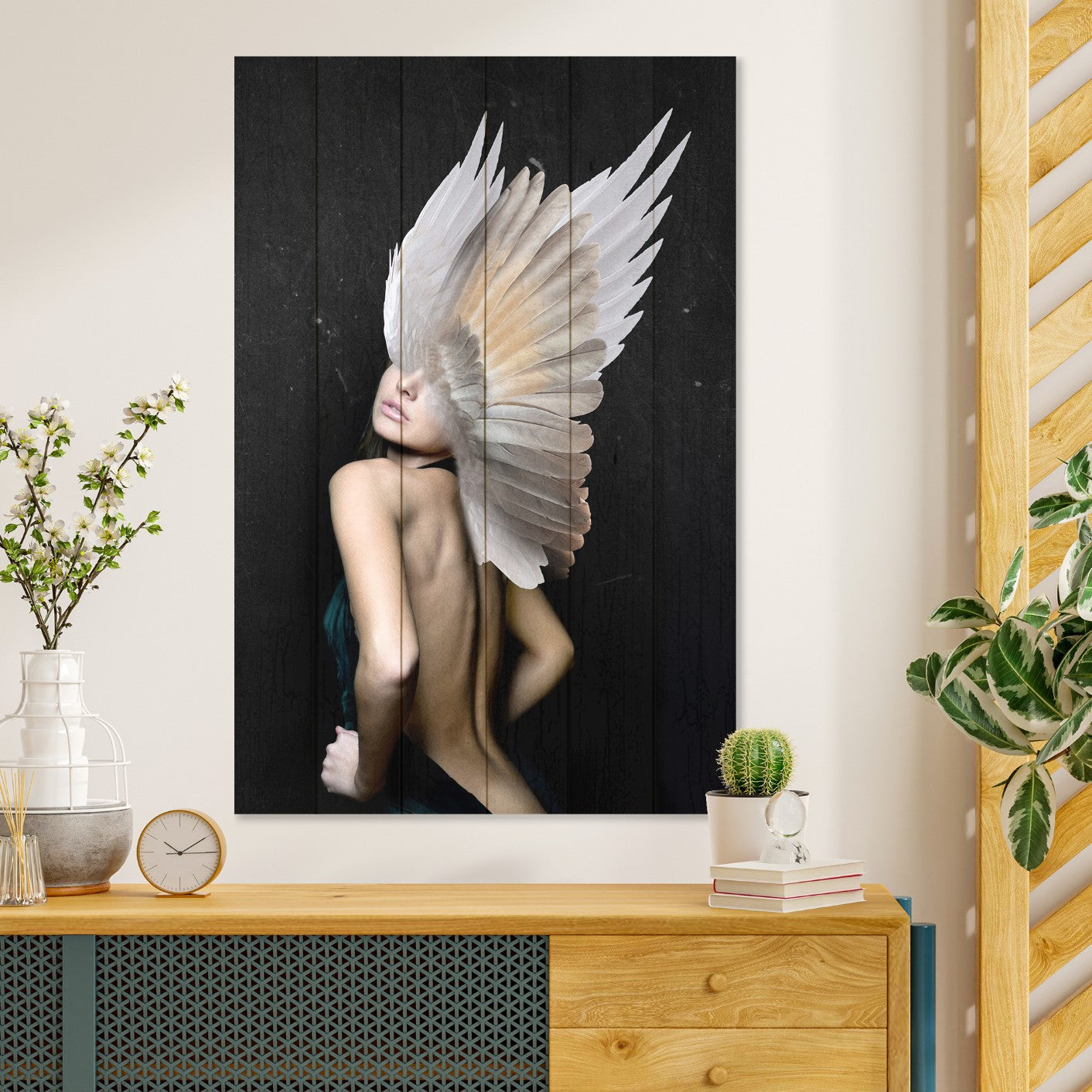 Obraz Wood Žena s bílými křídly-70x90 cm
