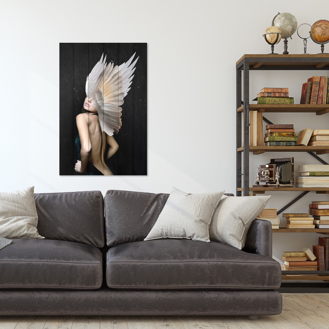 Obraz Wood Žena s bílými křídly-70x90 cm