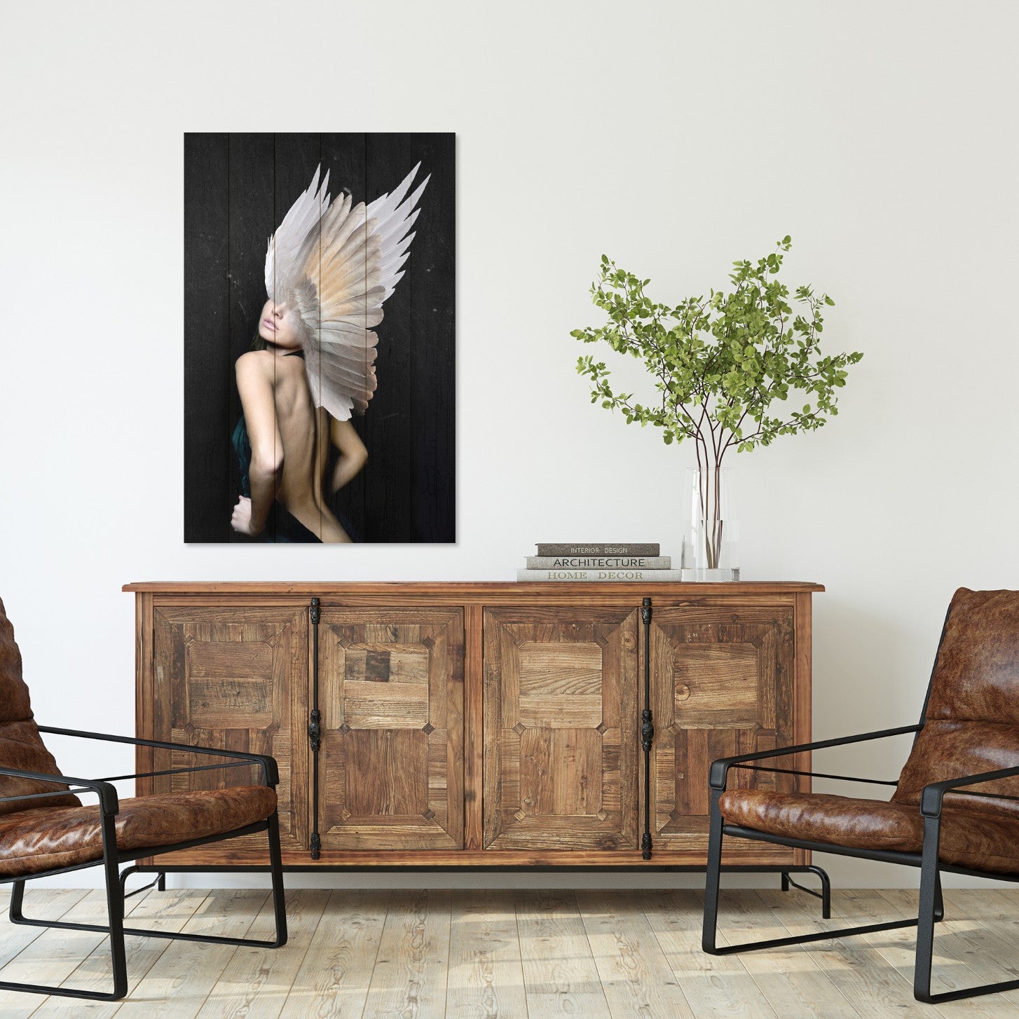 Obraz Wood Žena s bílými křídly-70x90 cm