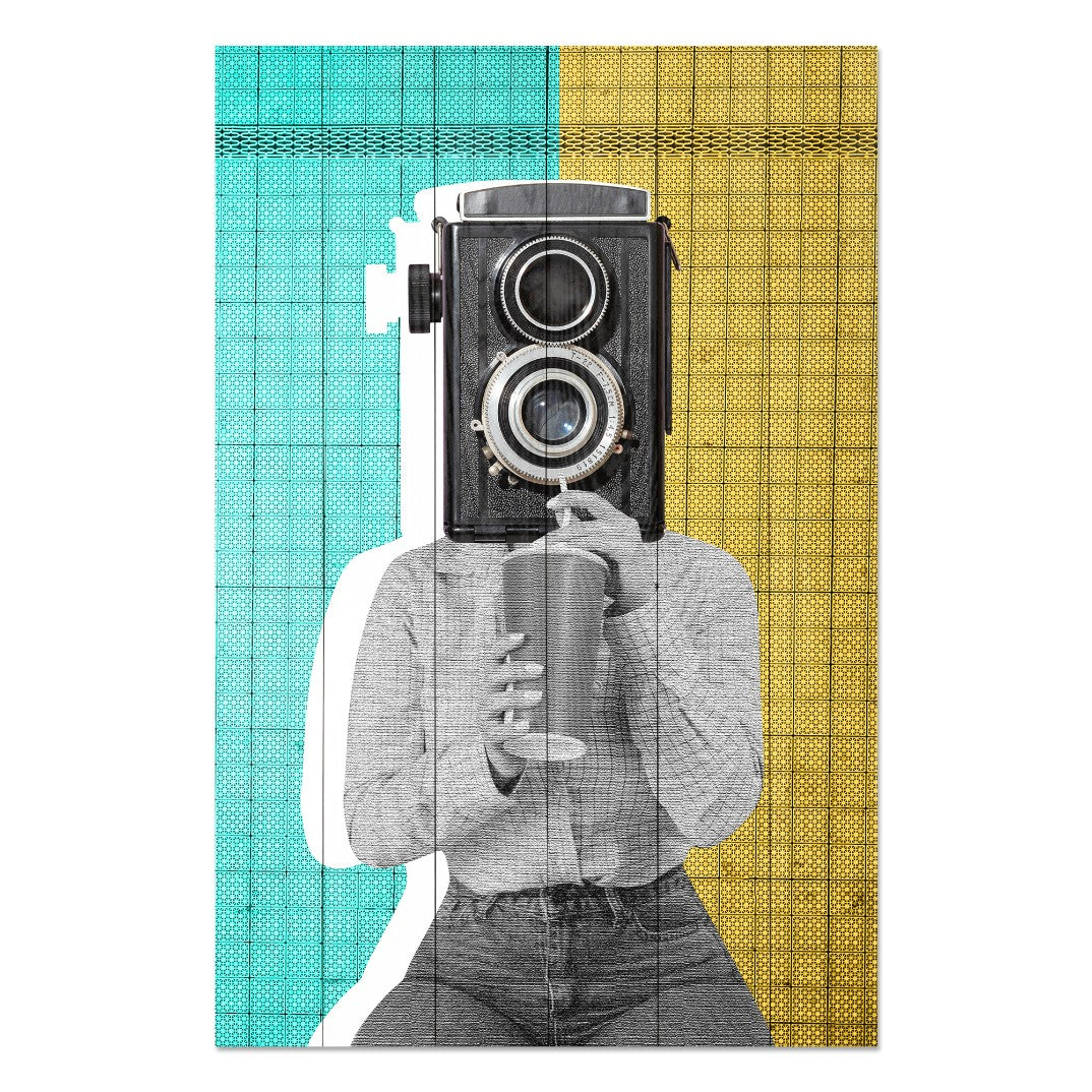 Obraz Wood  Woman with a Vintage Camera-70x90 cm