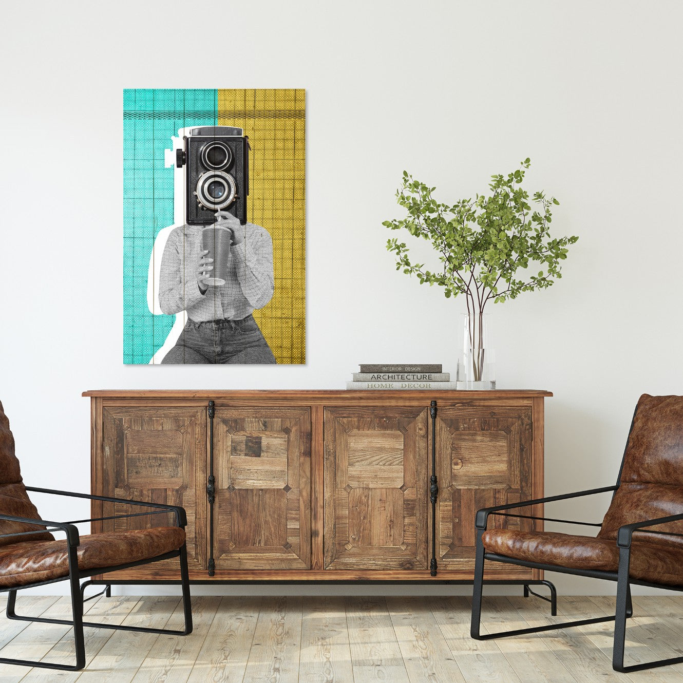 Obraz Wood  Woman with a Vintage Camera-70x90 cm
