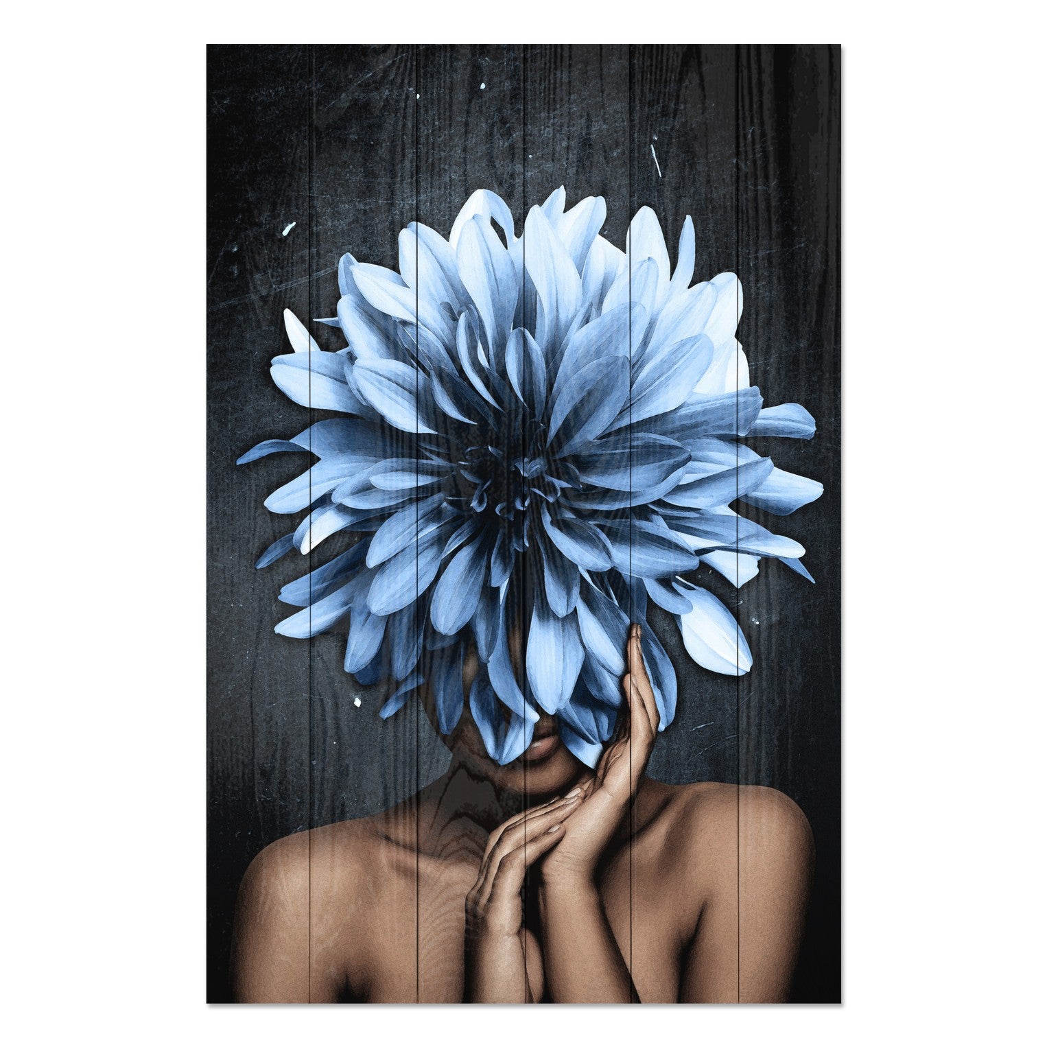 Wood Picture Woman with Large Blue Flowers-70x90 cm