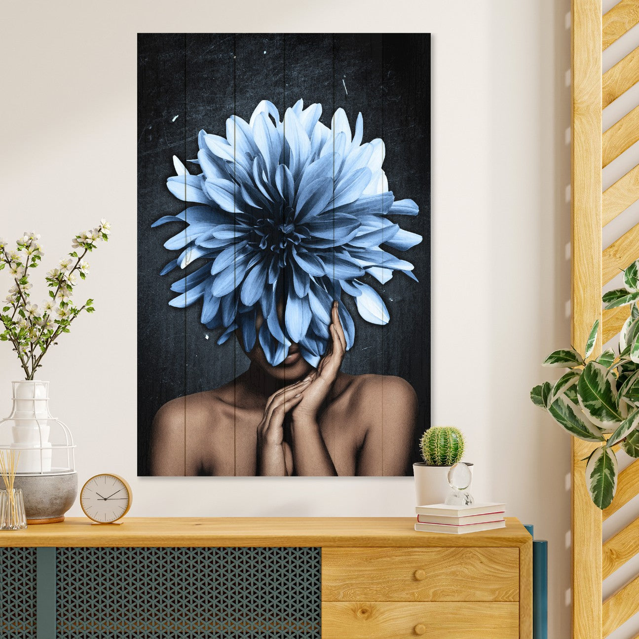 Wood Picture Woman with Large Blue Flowers-70x90 cm
