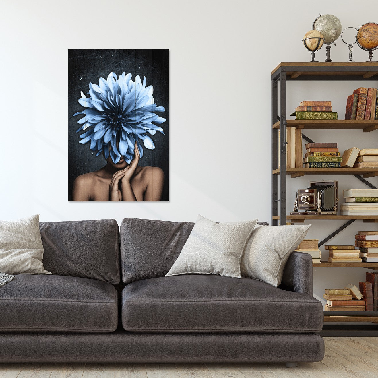 Wood Picture Woman with Large Blue Flowers-70x90 cm