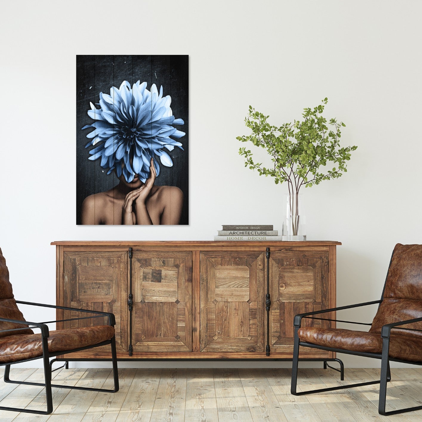 Wood Picture Woman with Large Blue Flowers-70x90 cm