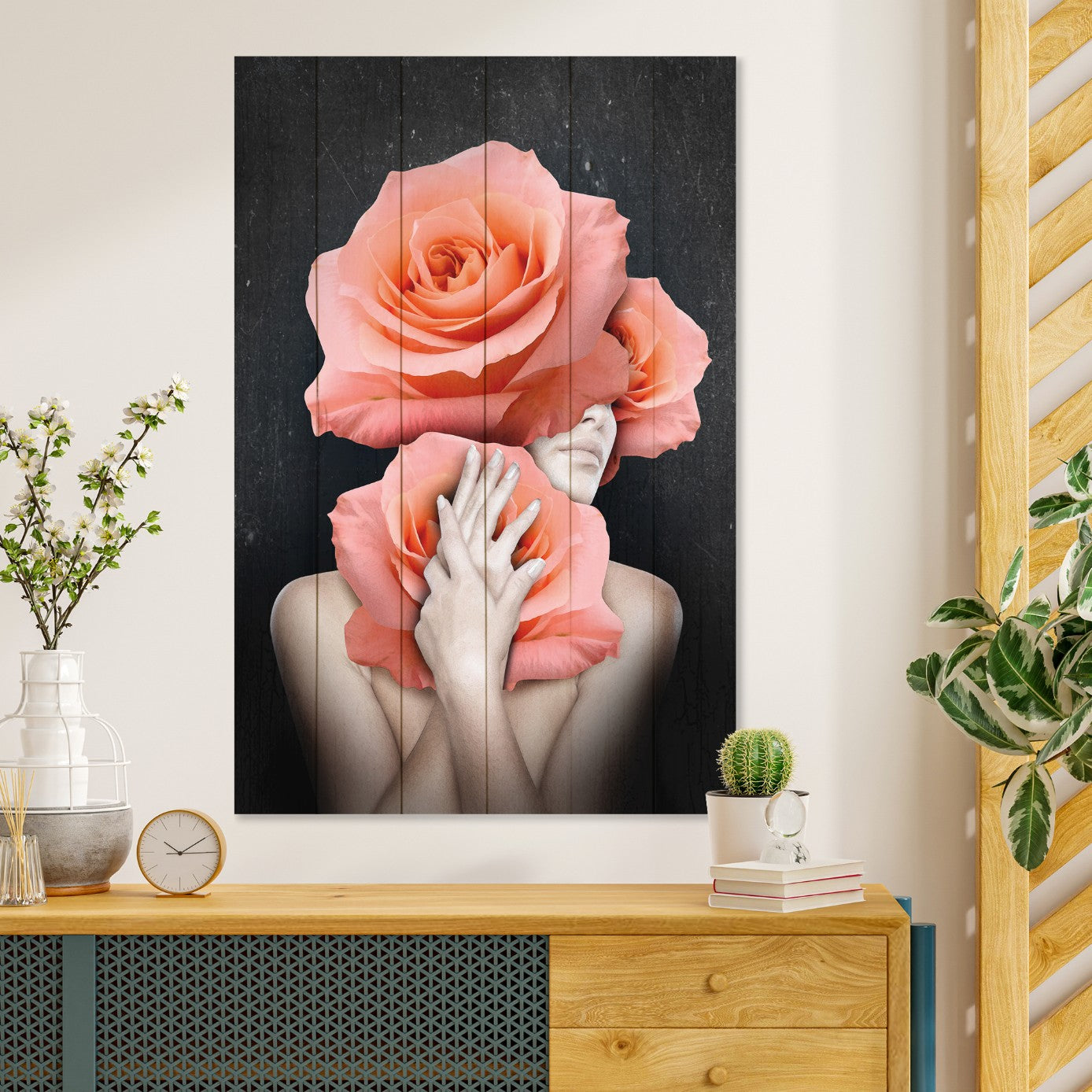 Obraz Wood Woman Hugging Flowers-30x40 cm