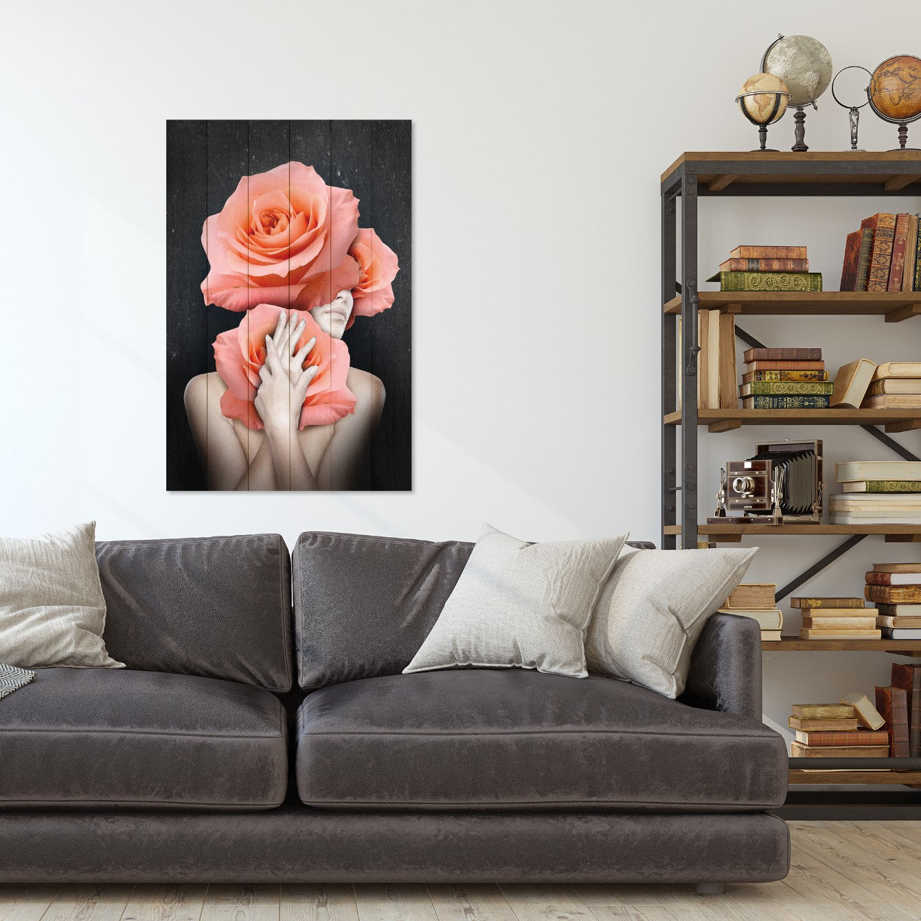 Obraz Wood Woman Hugging Flowers-50x70 cm