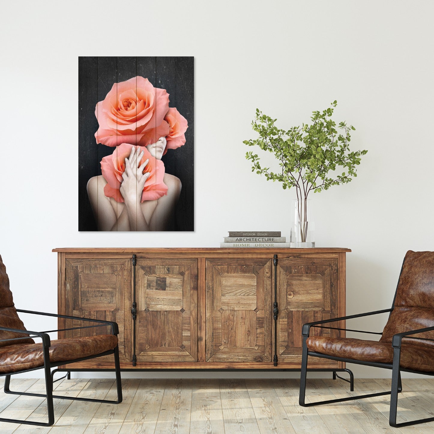 Obraz Wood Woman Hugging Flowers-30x40 cm
