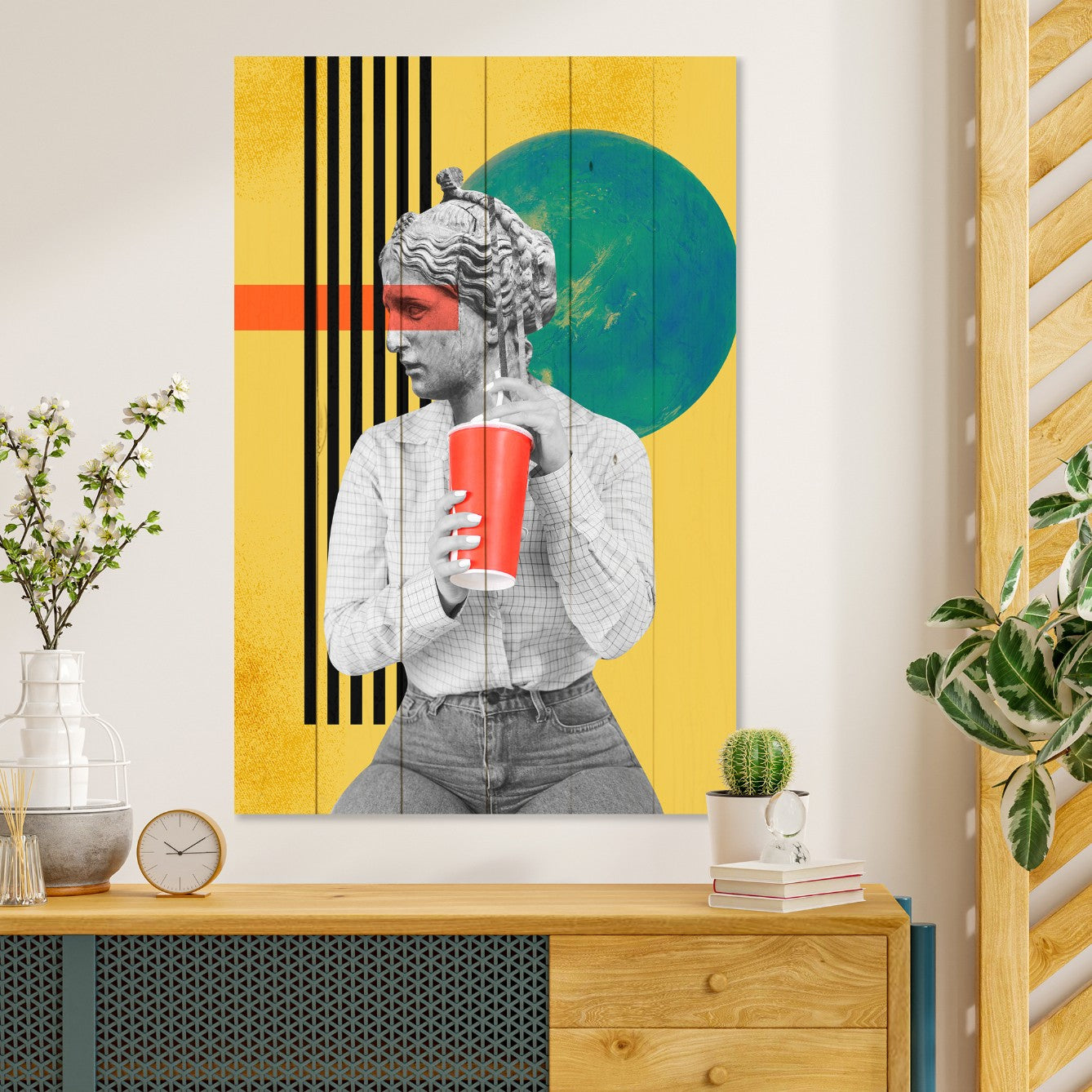 Wood Picture Vintage Woman with Drink-40x60 cm