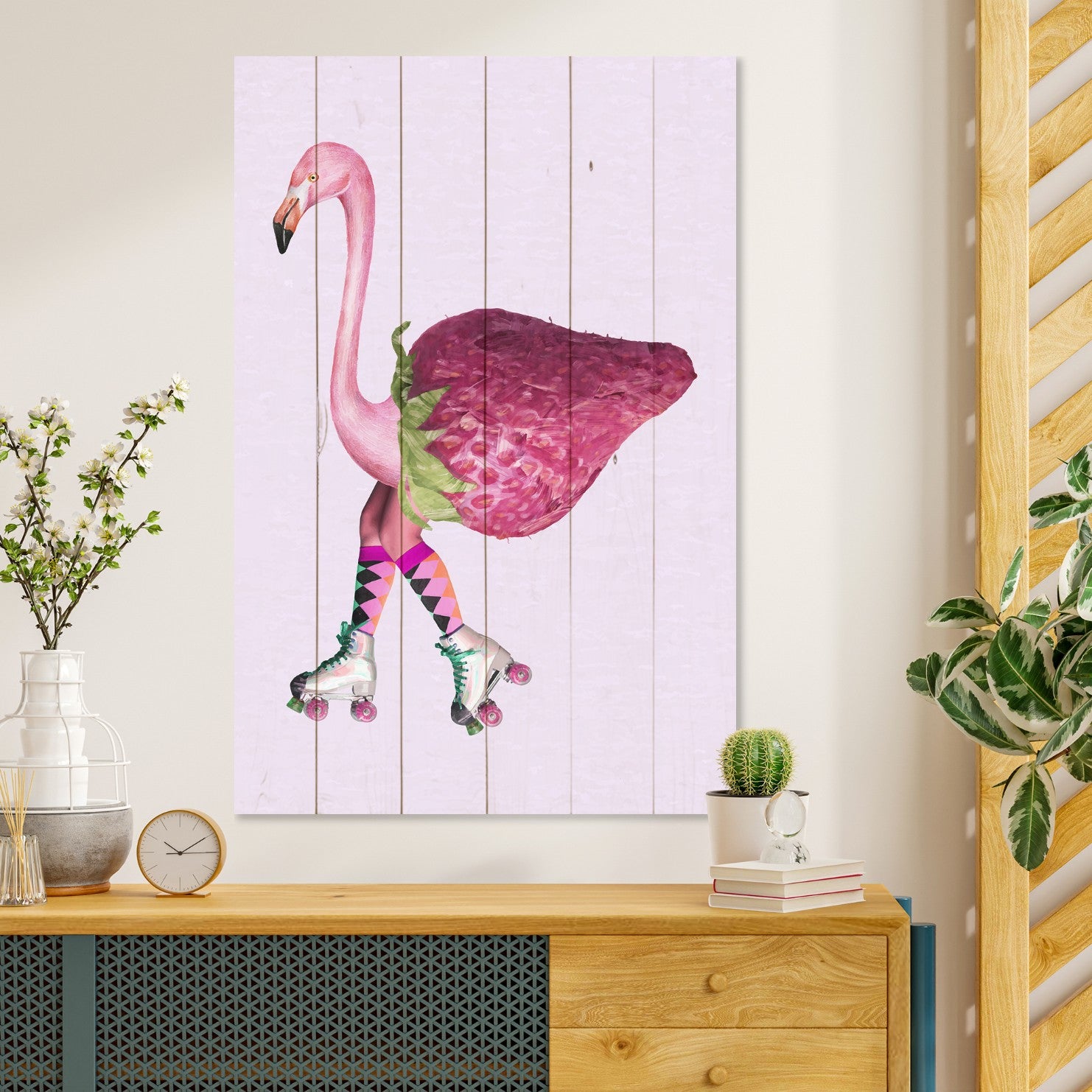 Obraz Wood Růžový plameňák s jahodou-40x60 cm