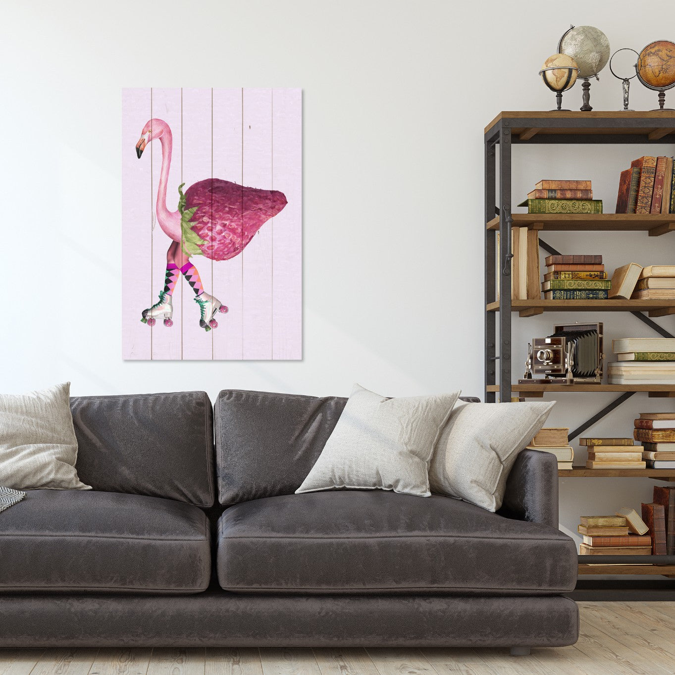 Obraz Wood Růžový plameňák s jahodou-40x60 cm