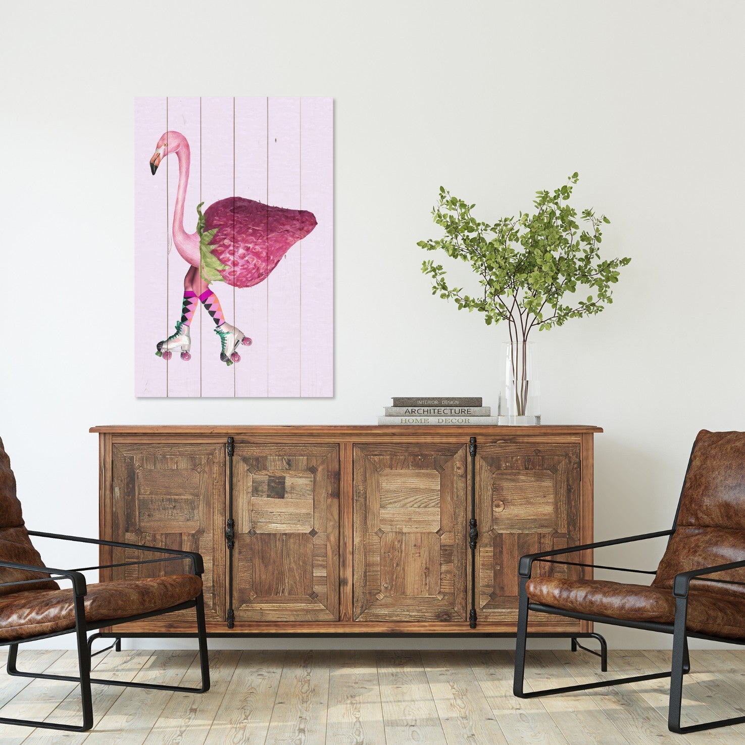 Obraz Wood Růžový plameňák s jahodou-40x60 cm