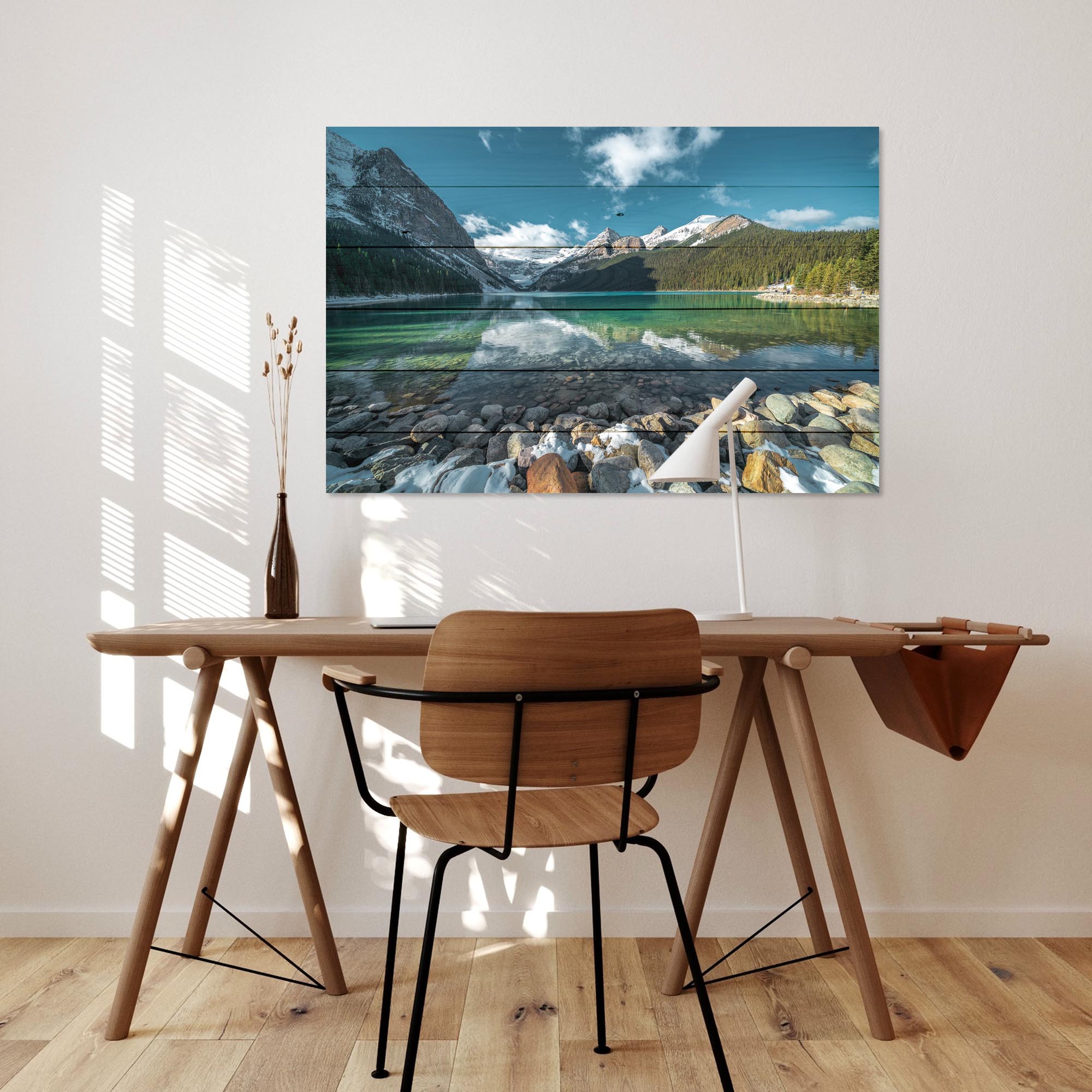 Obraz Wood Tyrkysové jezero a hory-50x70 cm