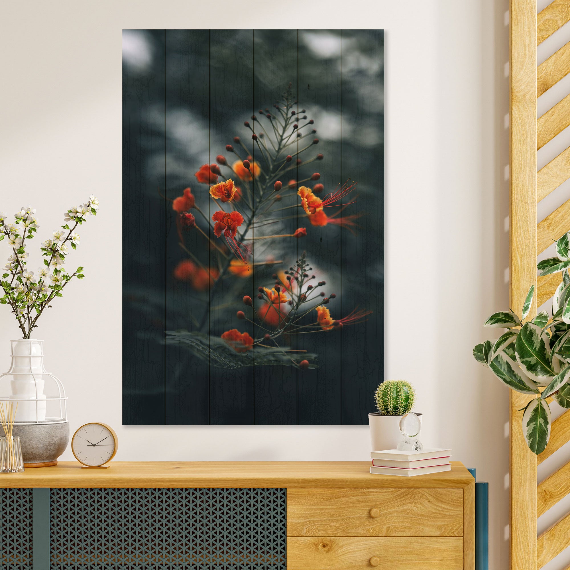 Wood Little Orange Flowers Painting-40x60 cm