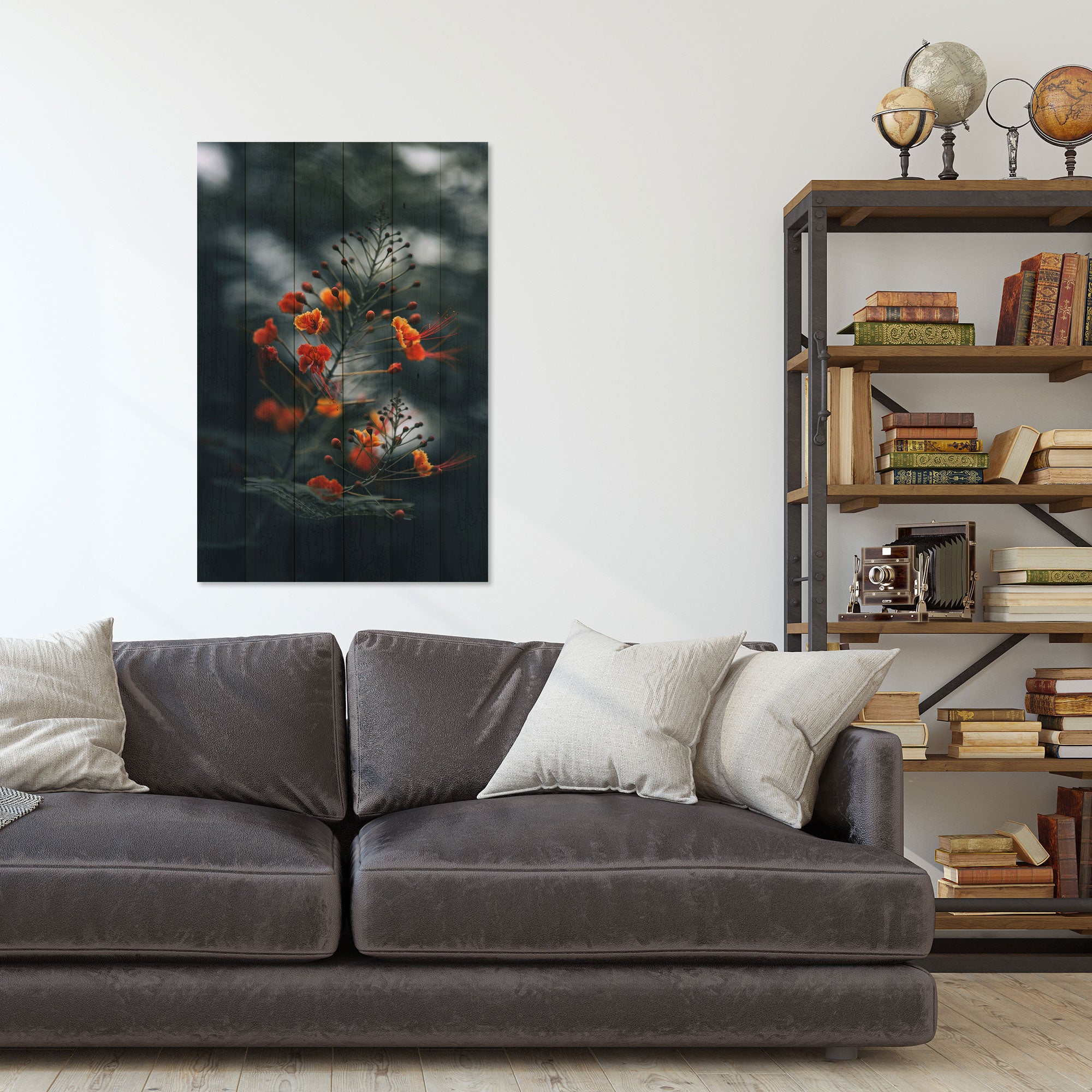 Wood Little Orange Flowers Painting-40x60 cm