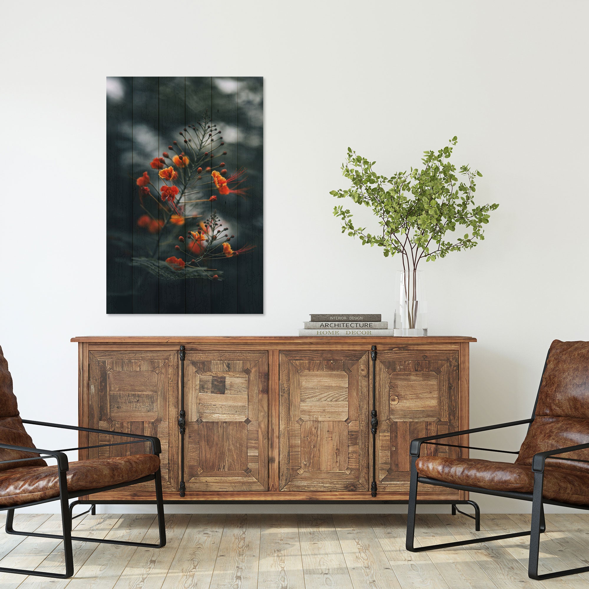 Wood Little Orange Flowers Painting-40x60 cm