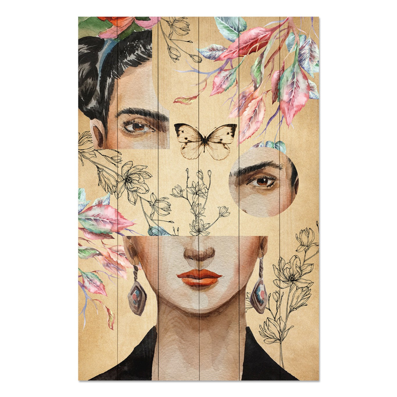 Obraz Wood Frida and Flower Collage-30x40 cm