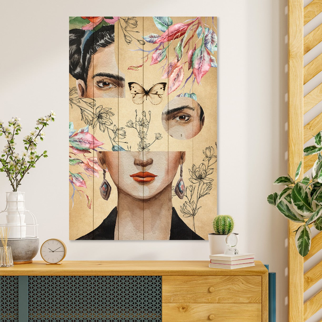 Obraz Wood Frida and Flower Collage-20x30 cm