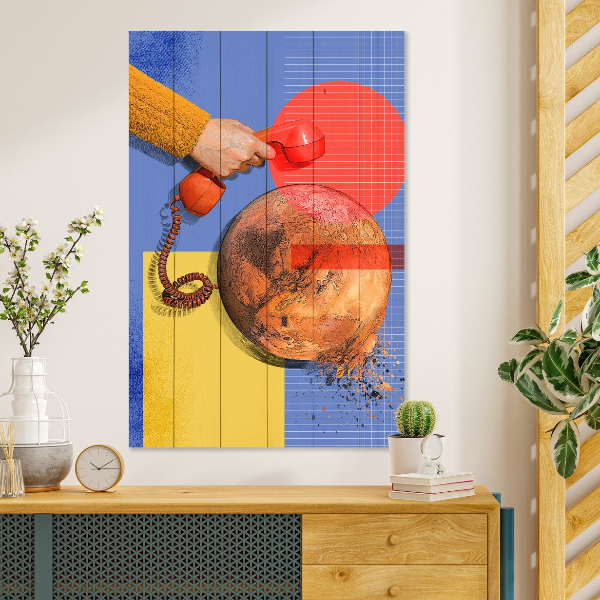 Obraz Wood Umelecký červený telefón-60x90 cm
