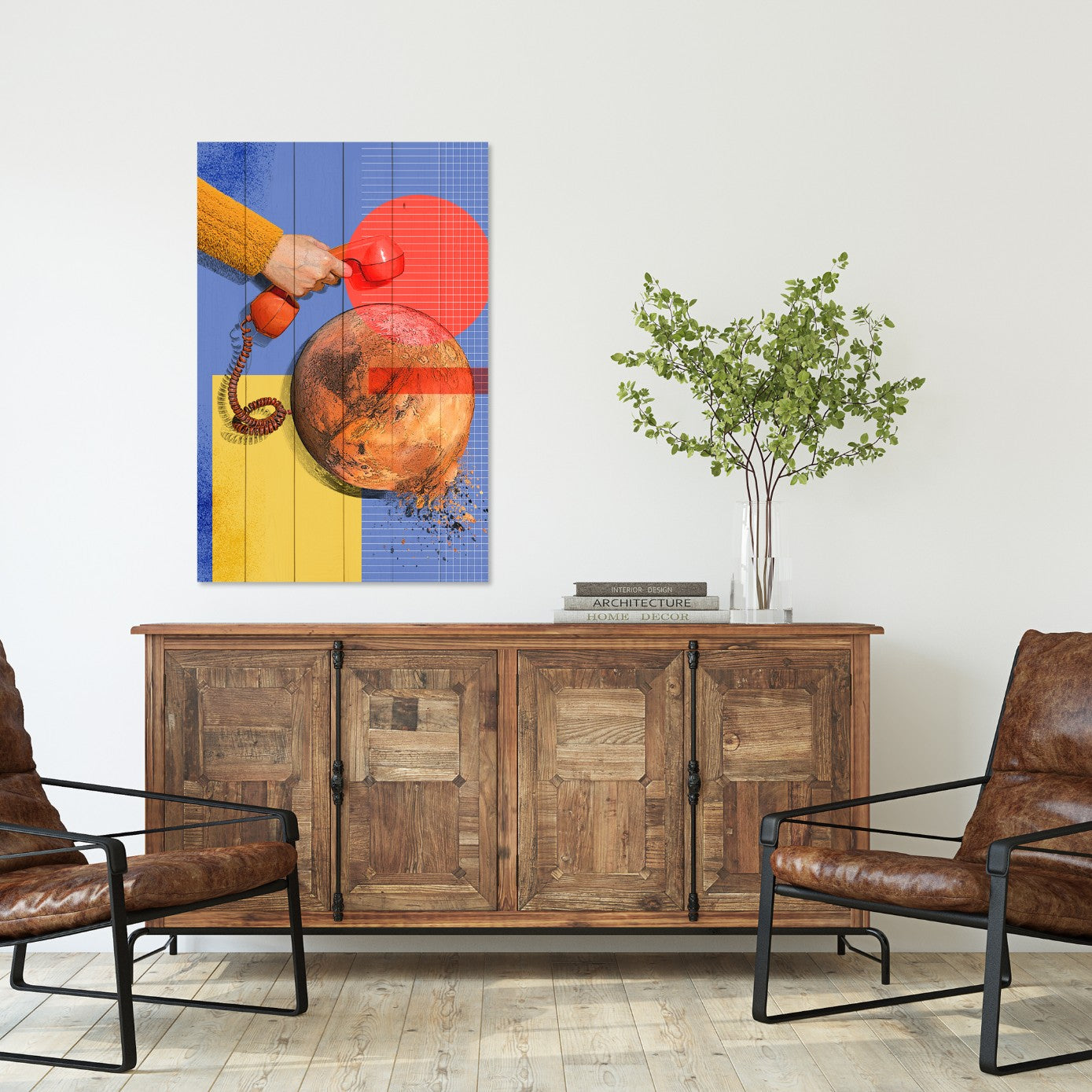 Obraz Wood Umelecký červený telefón-60x90 cm