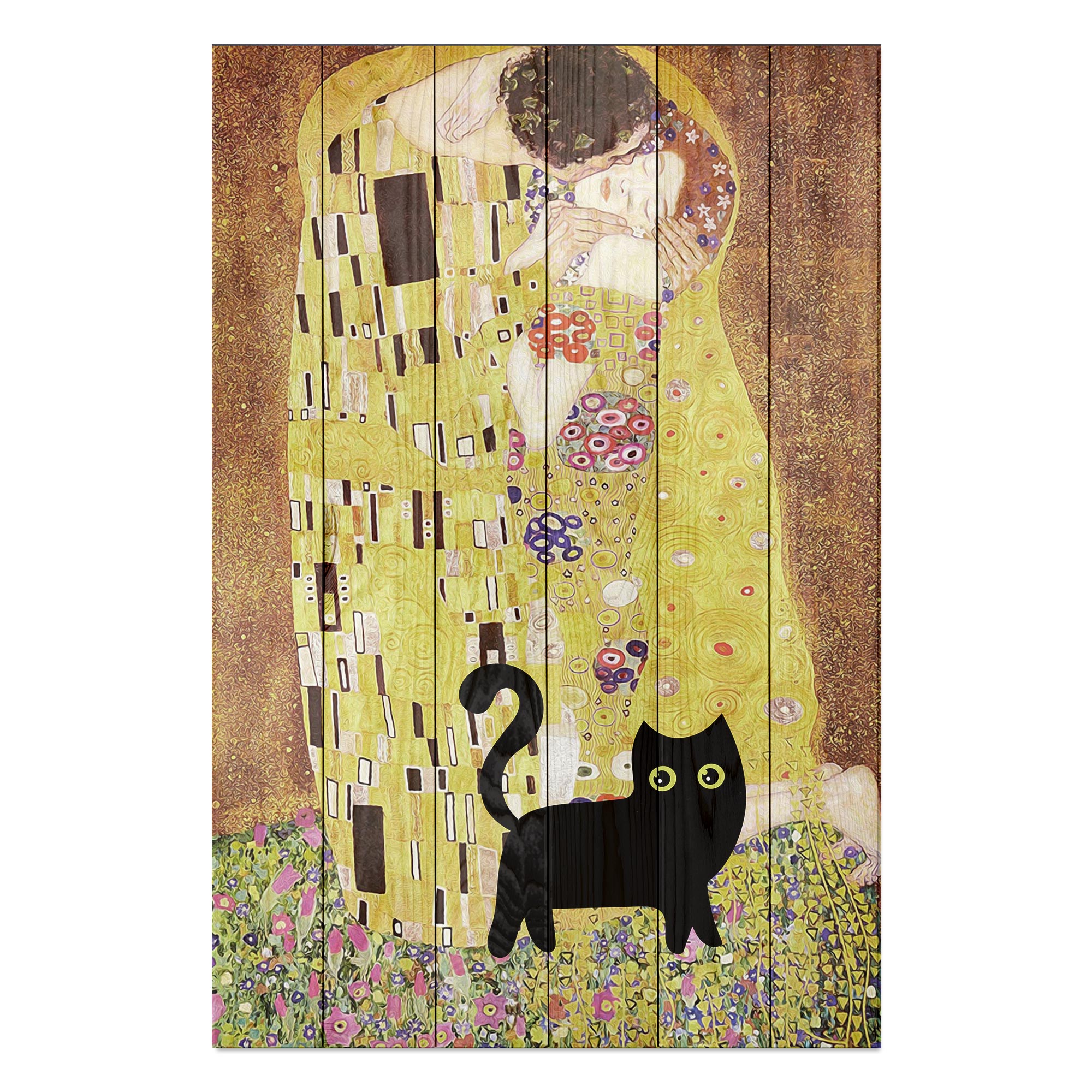 Obraz Wood Klimt Kiss with Cat-30x40 cm