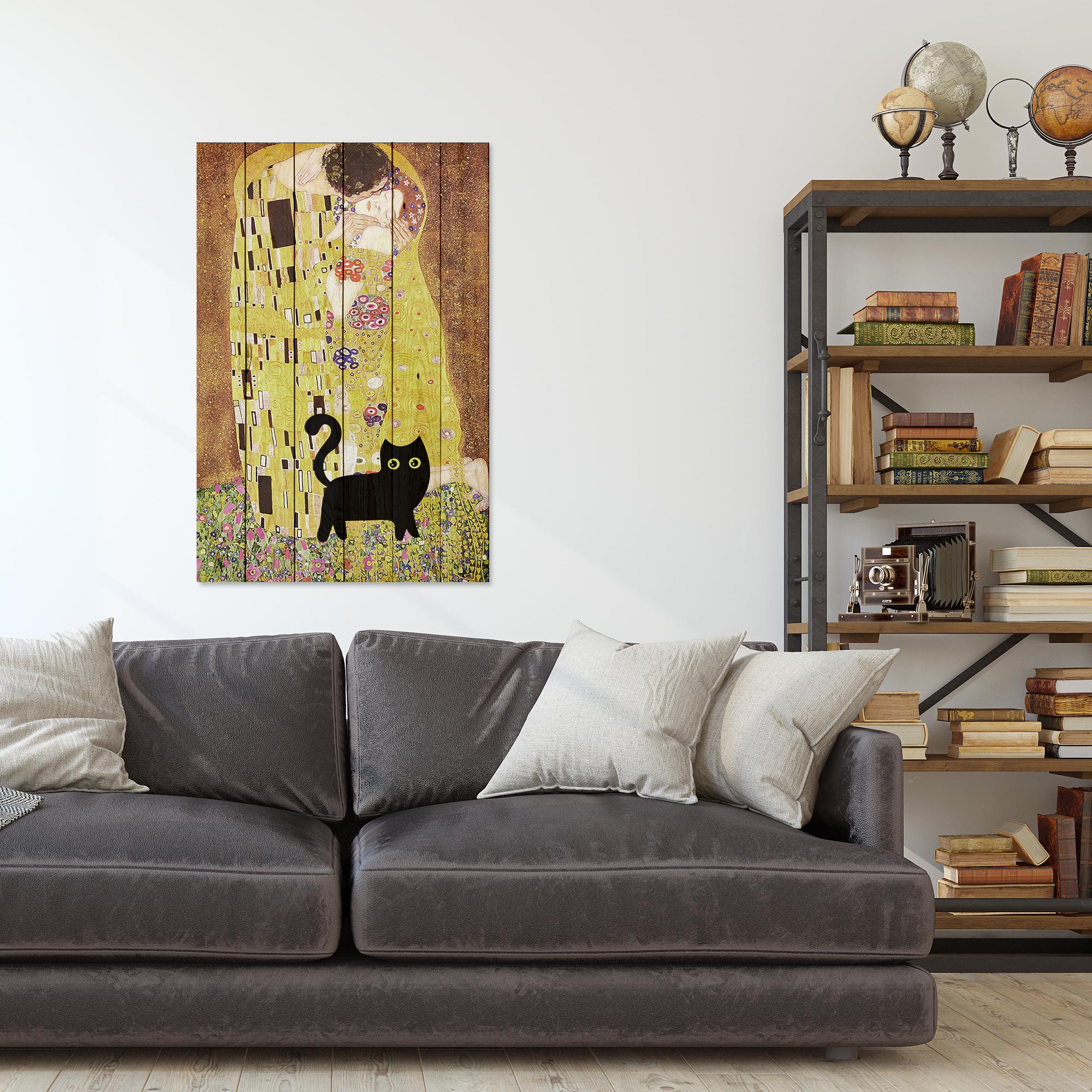 Obraz Wood Klimt Kiss with Cat-50x70 cm