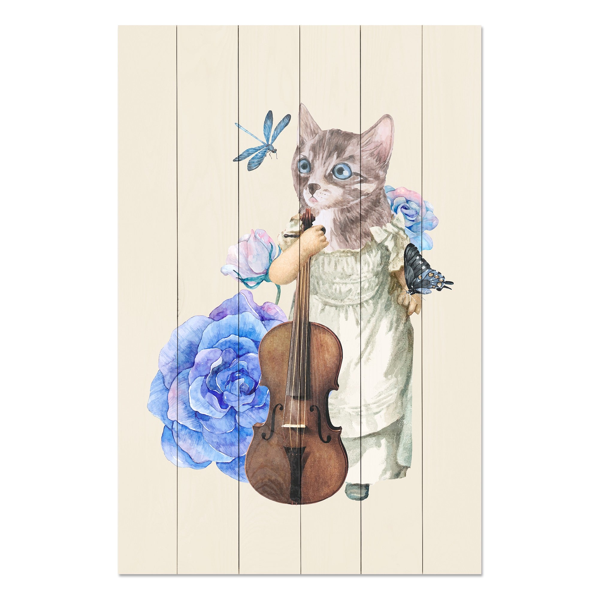 Bild Wood Katze mit Geige in Blumen-40x60 cm