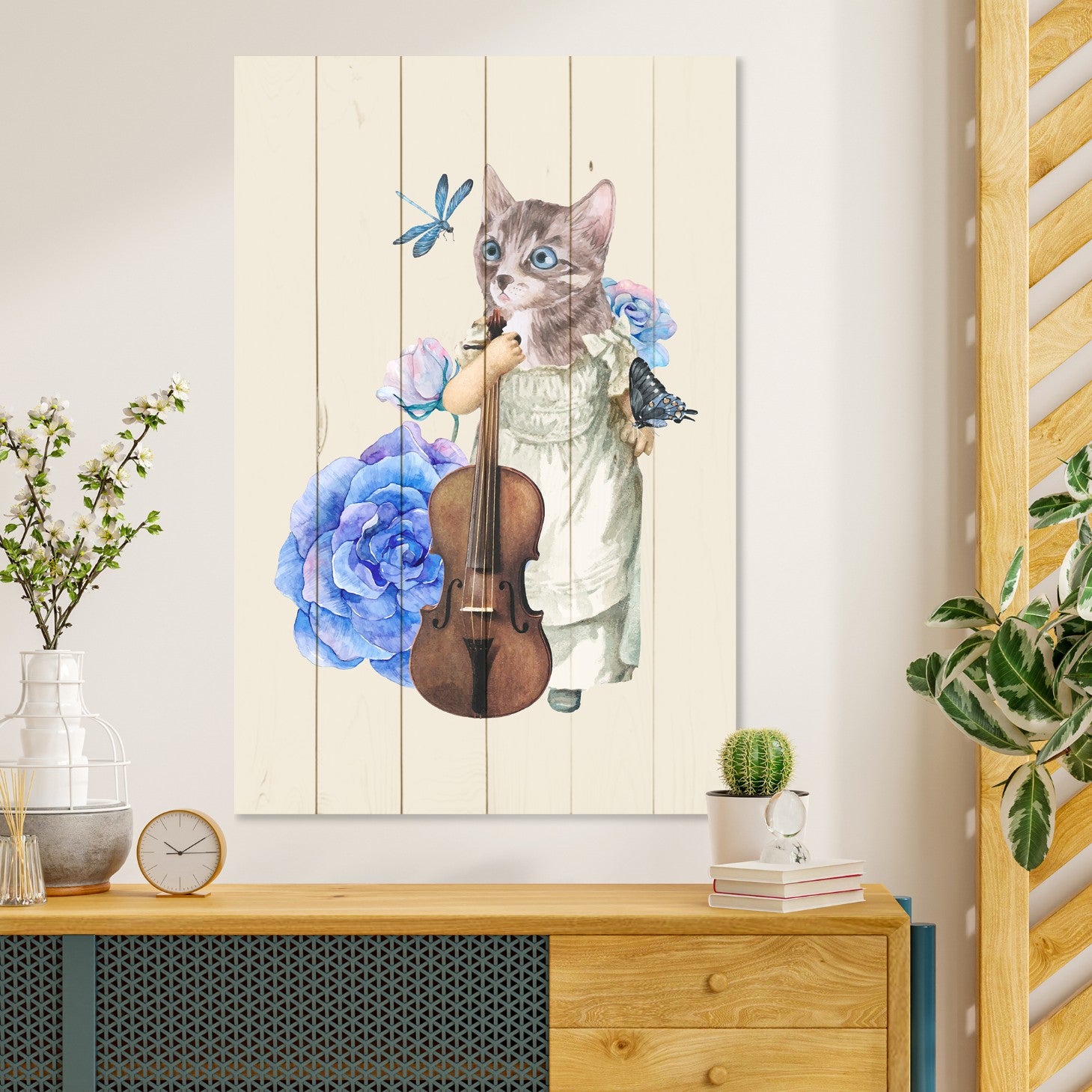 Bild Wood Katze mit Geige in Blumen-40x60 cm