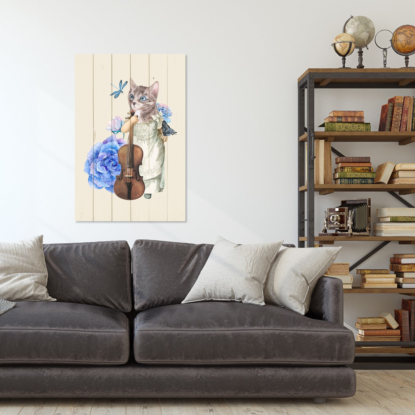 Obraz Wood Cat with Fiddle in Flowers-20x30 cm