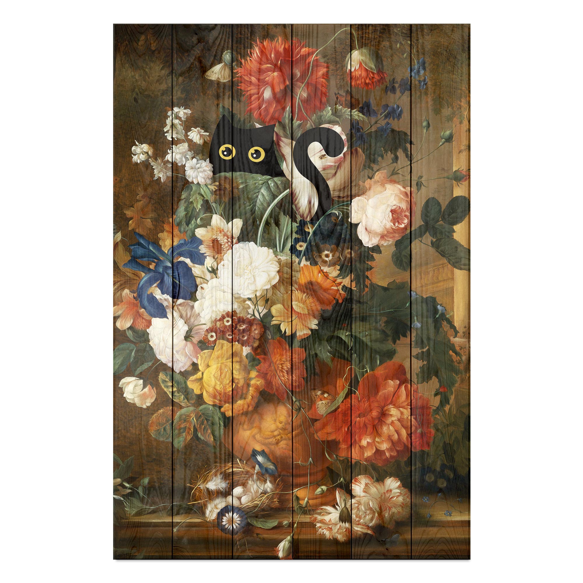 Obraz Wood Kytice s kočkou-50x70 cm
