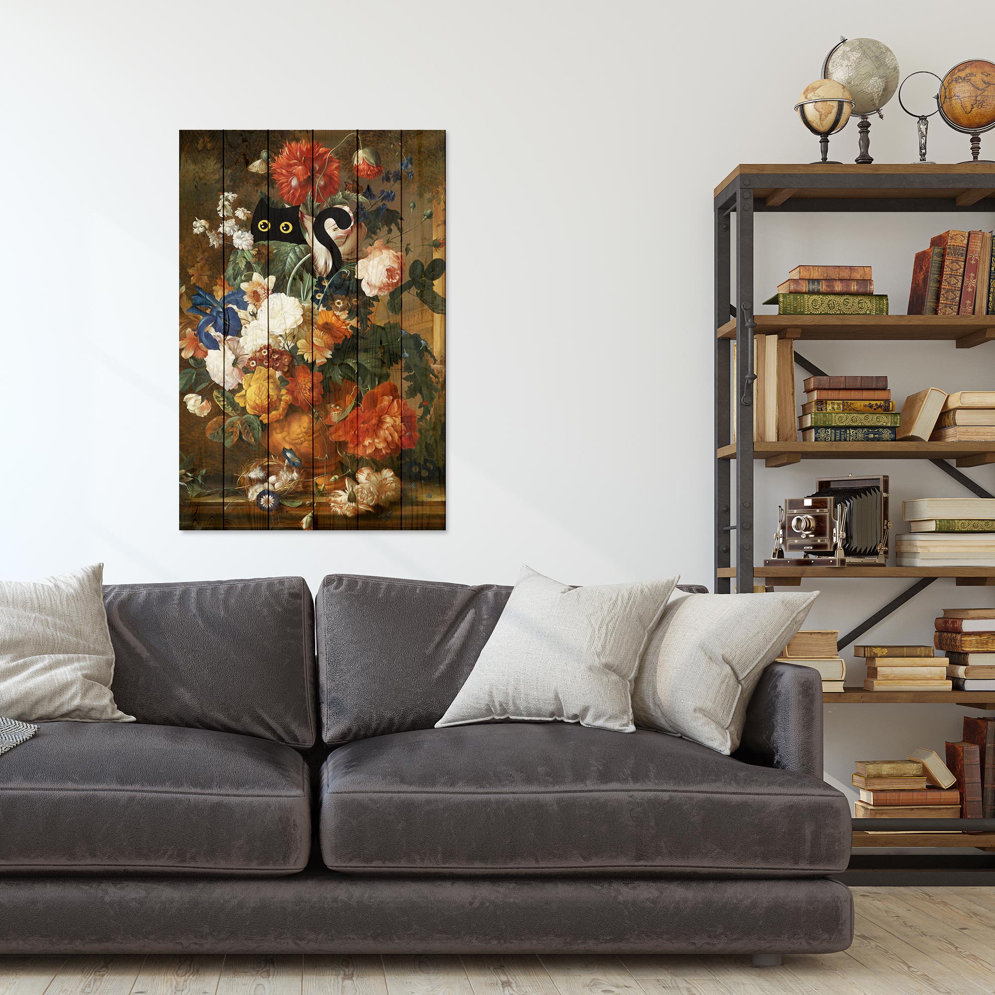 Obraz Wood Kytice s kočkou-50x70 cm