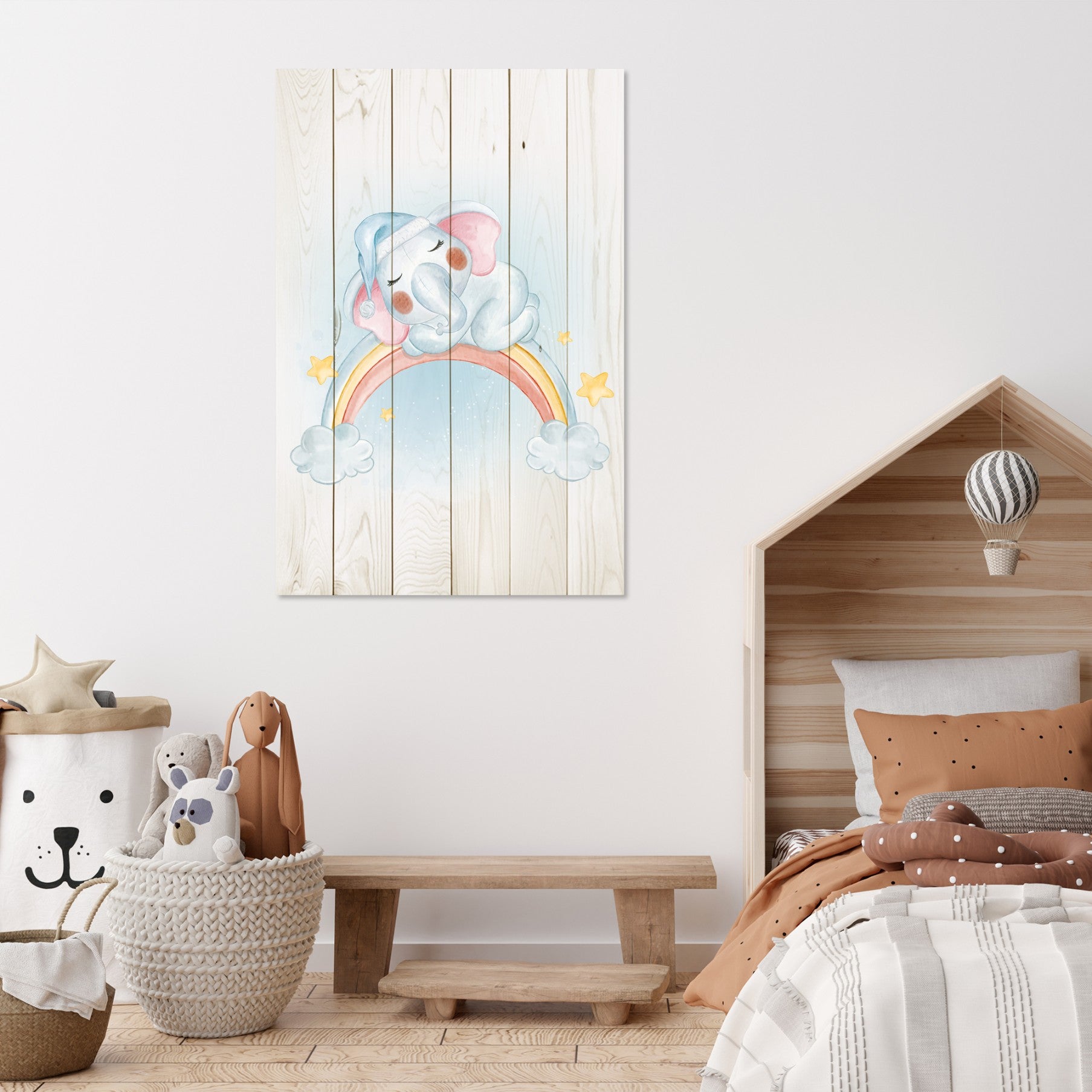 Obraz Wood Little Elephant on the Rainbow