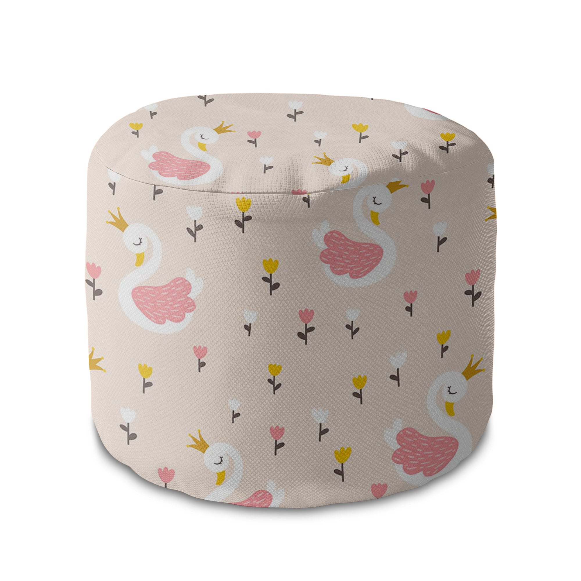 Round Pouf Footrest Swan with Tulip Flowers