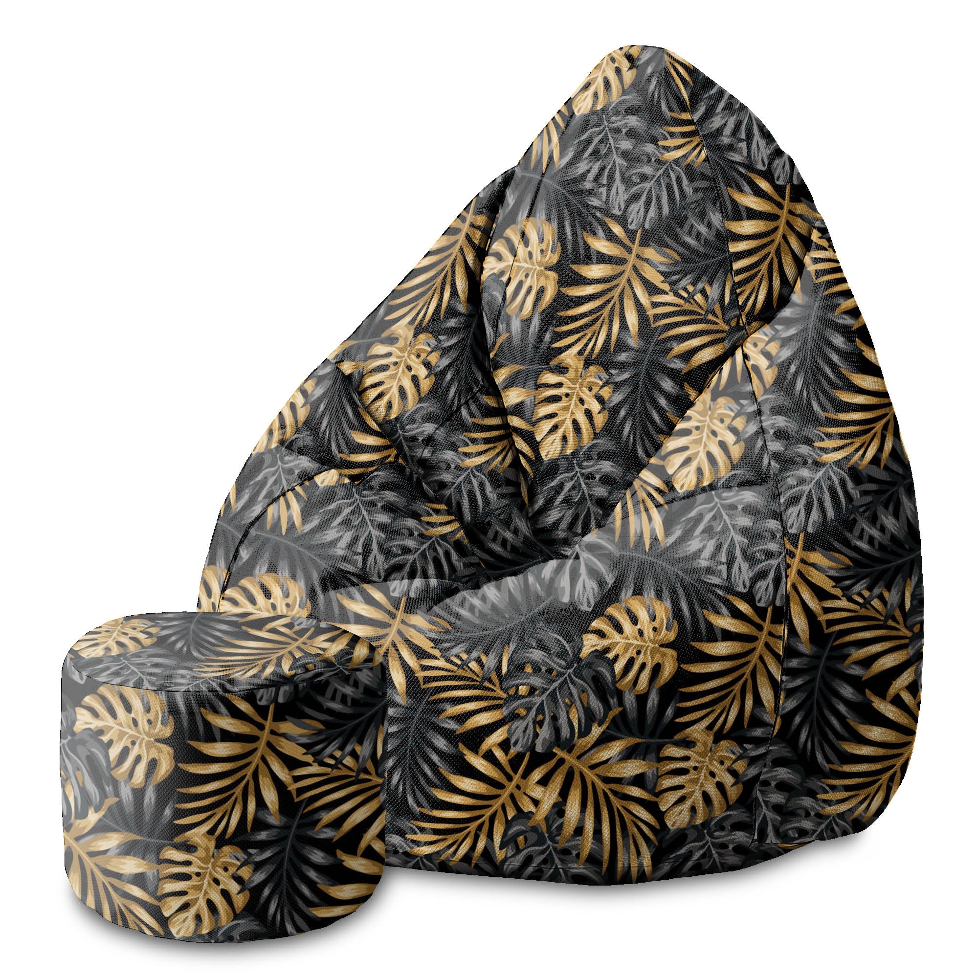 Round Pouf Footstool Golden Tropical Leaves-Oxford