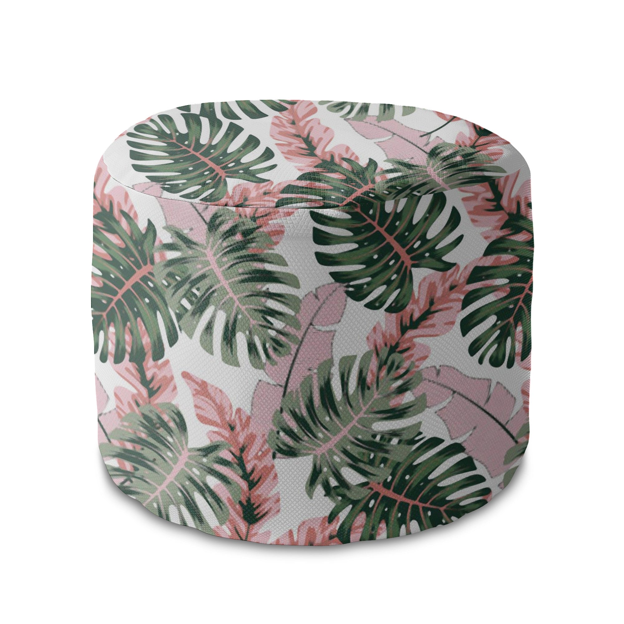 Round Pouf Footrest Tropical Pink and Green Leaves-Oxford