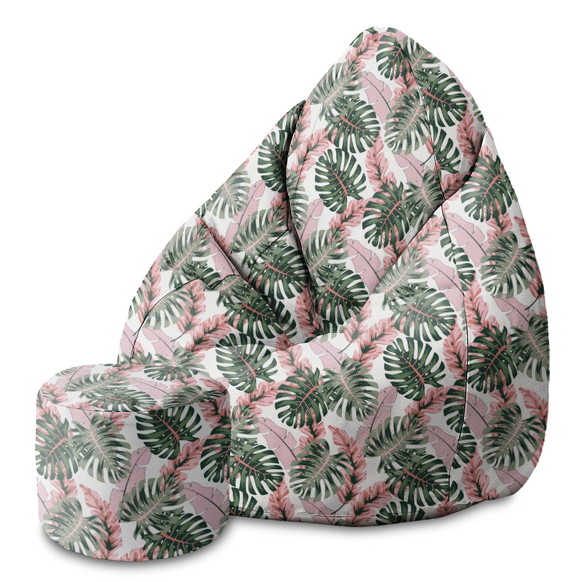 Round Pouf Footrest Tropical Pink and Green Leaves-Oxford