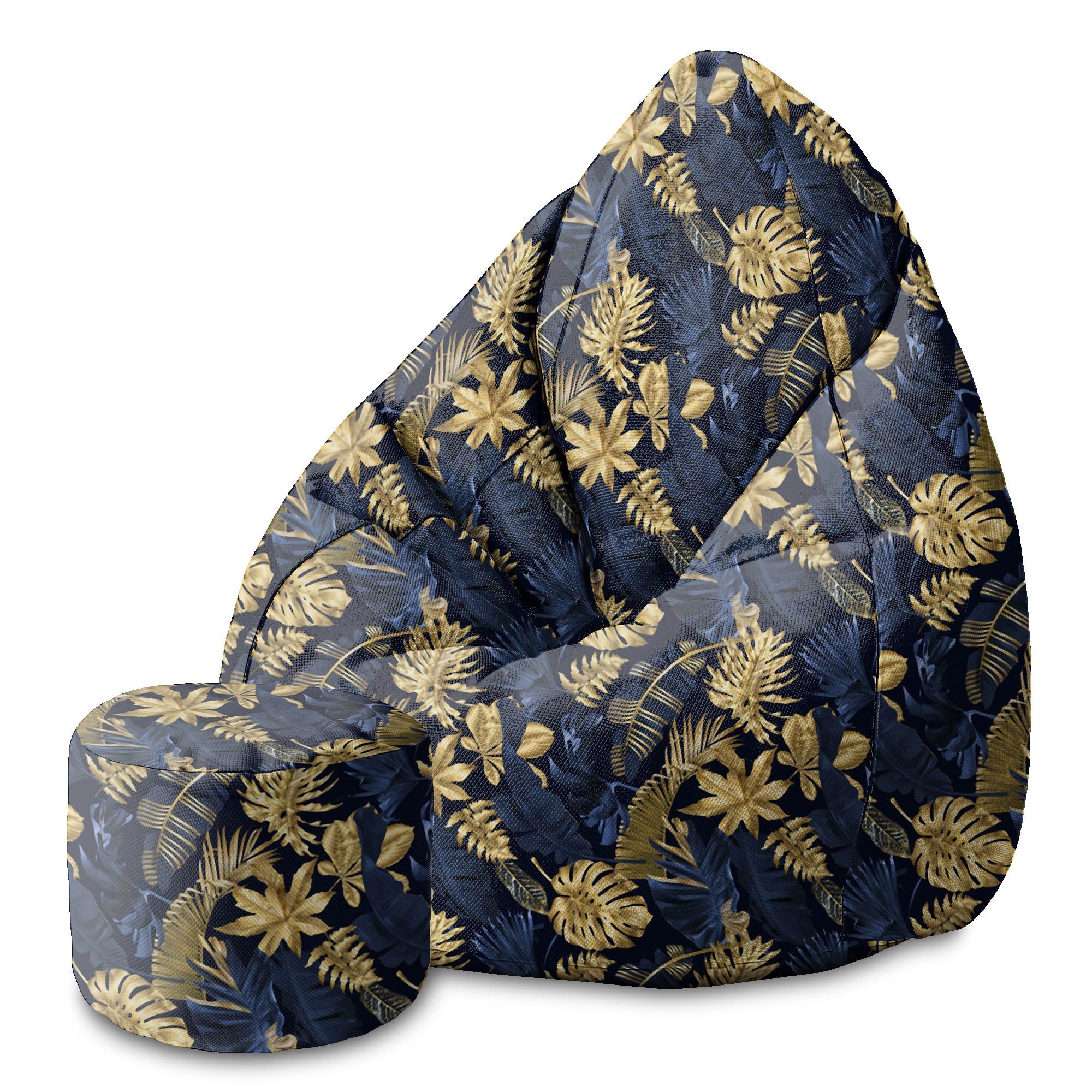 Puf okrągły podnóżek  Monstera Gold Navy Blue-Oxford