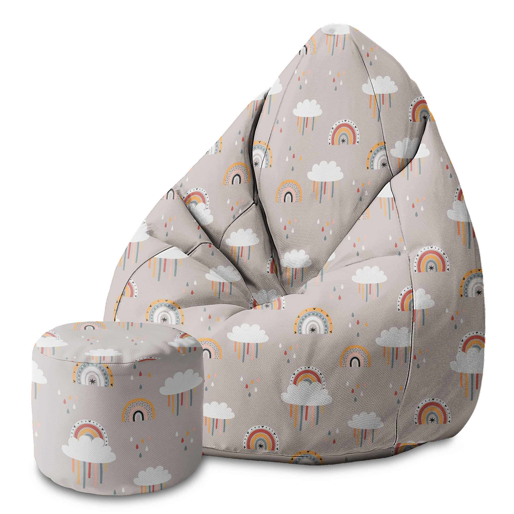 Round Pouf Footrest Beige Rainbow-Velvet