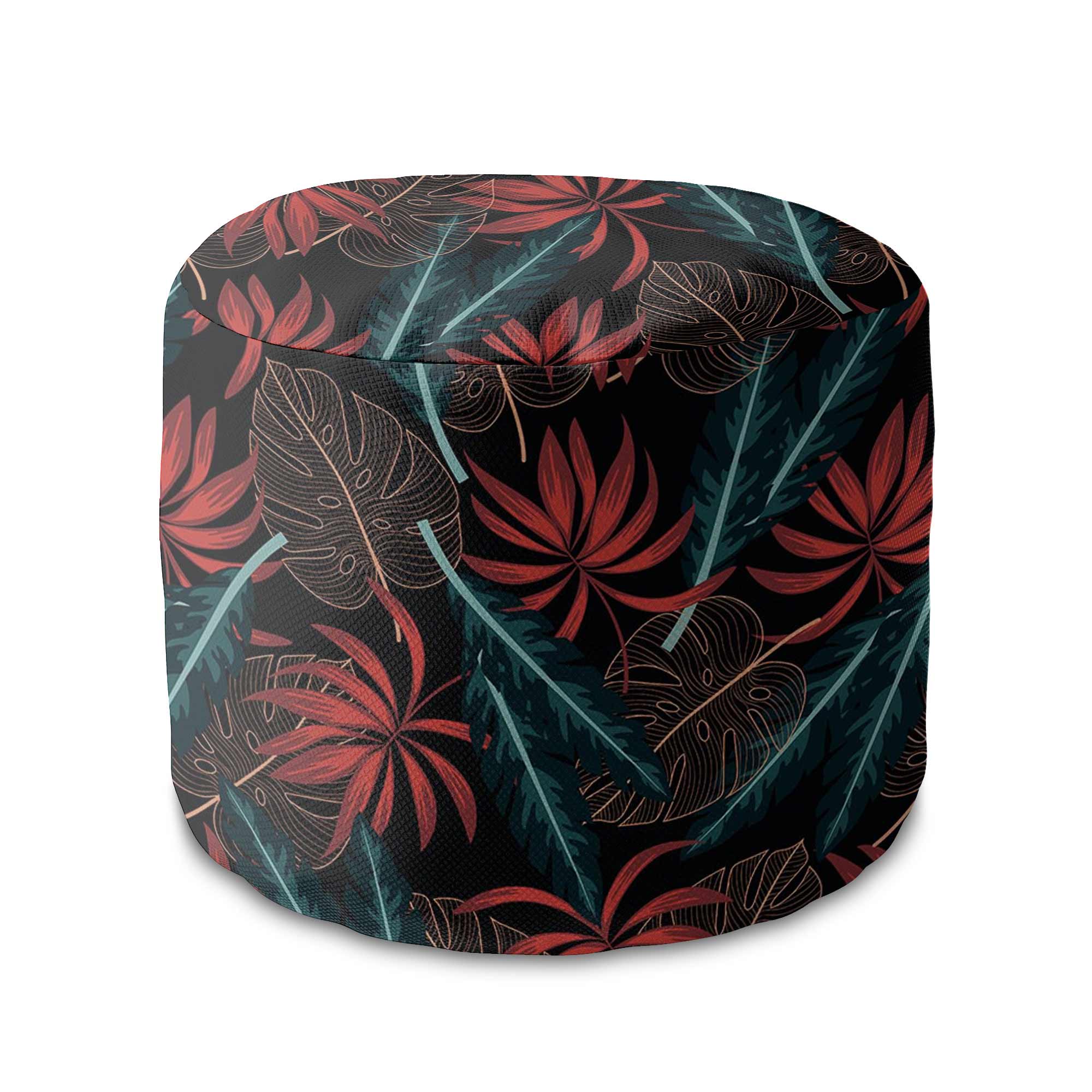 Round pouf footstool Exotic Leaves on Dark-Velvet