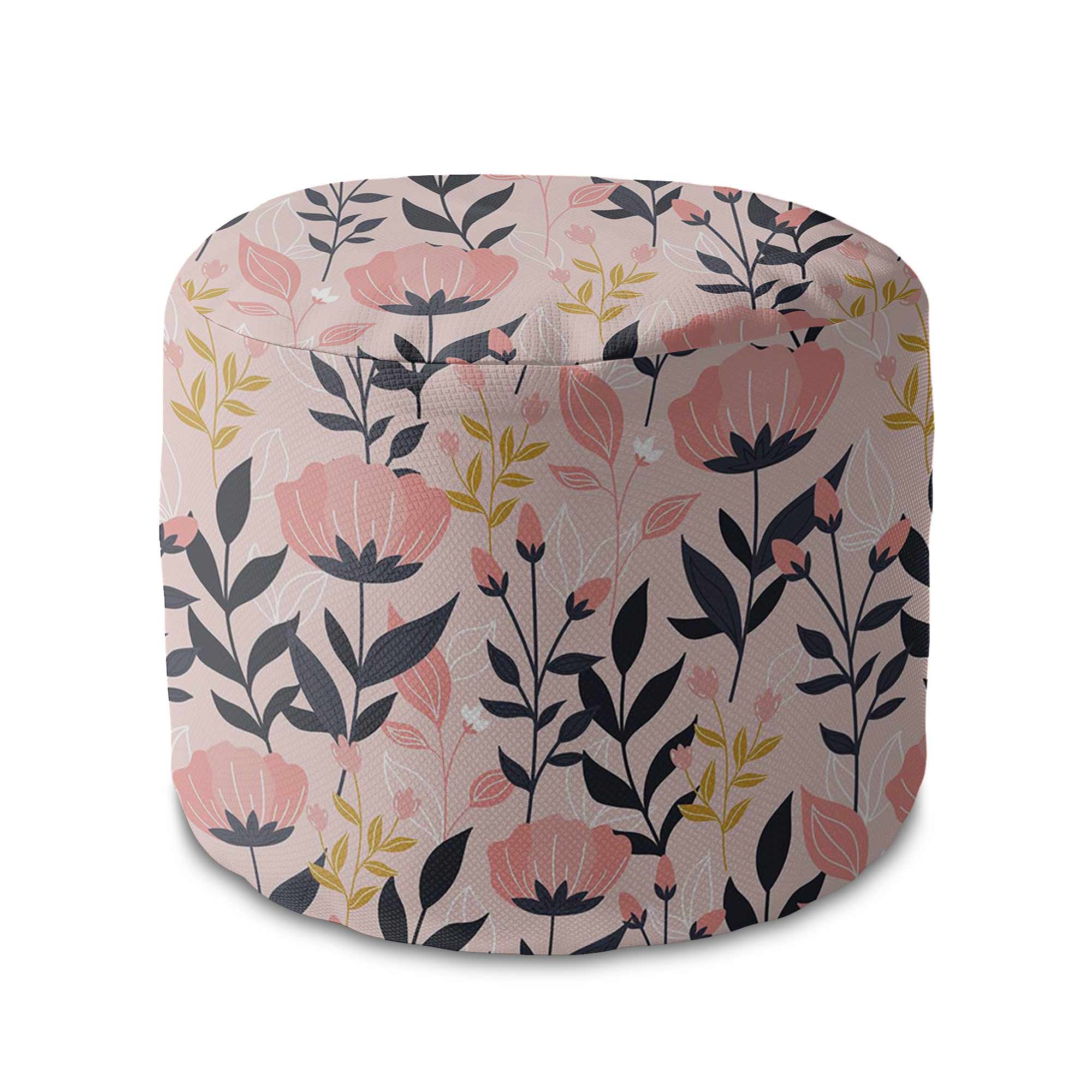 Round Pouf Footstool Pink and Navy Flowers